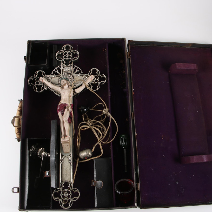 Last Rites Case with Illuminated Metal and Porcelain Crucifix, Mid-Century