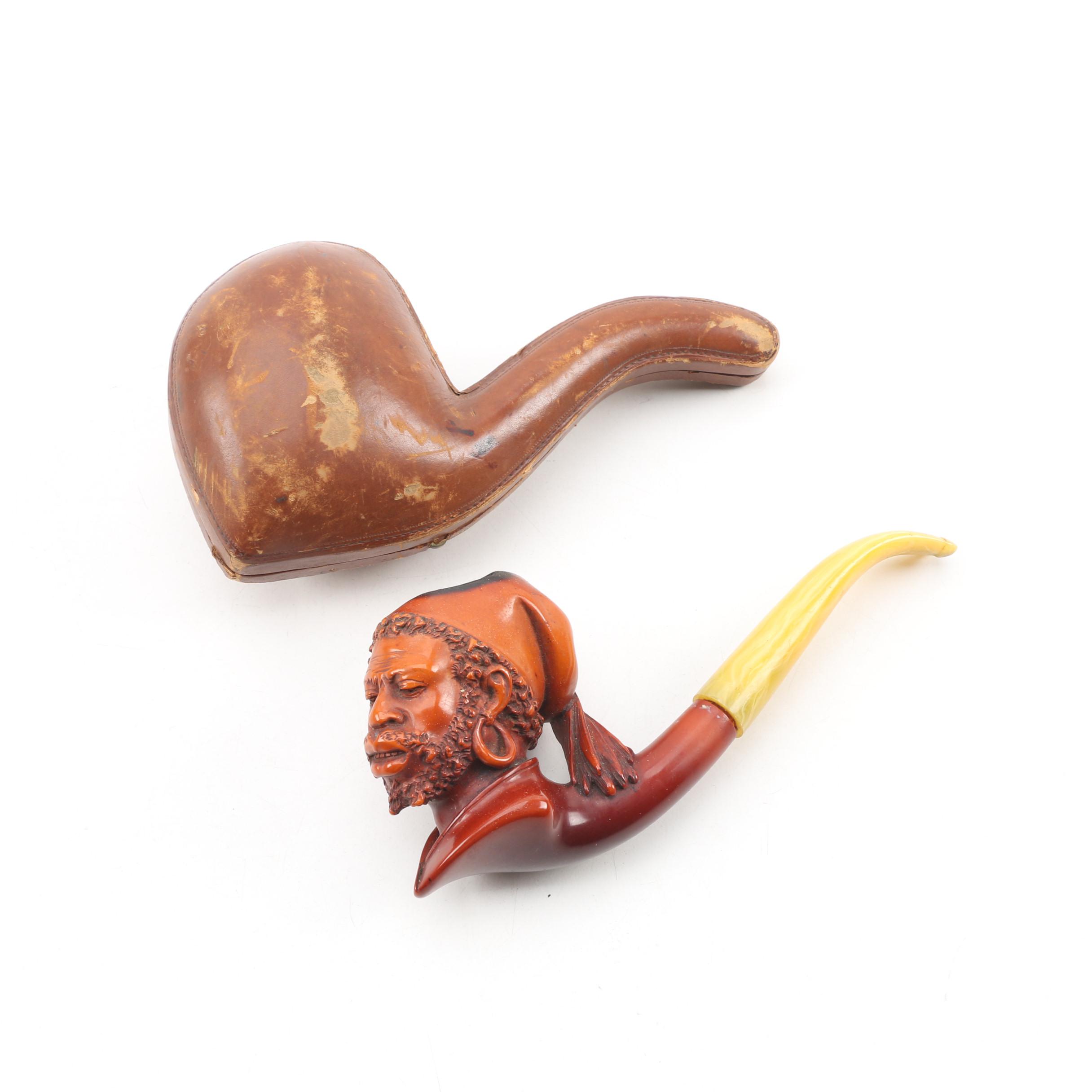 Antique Franz Hiess & Söhne Figural Meerschaum Tobacco Pipe with Leather Case