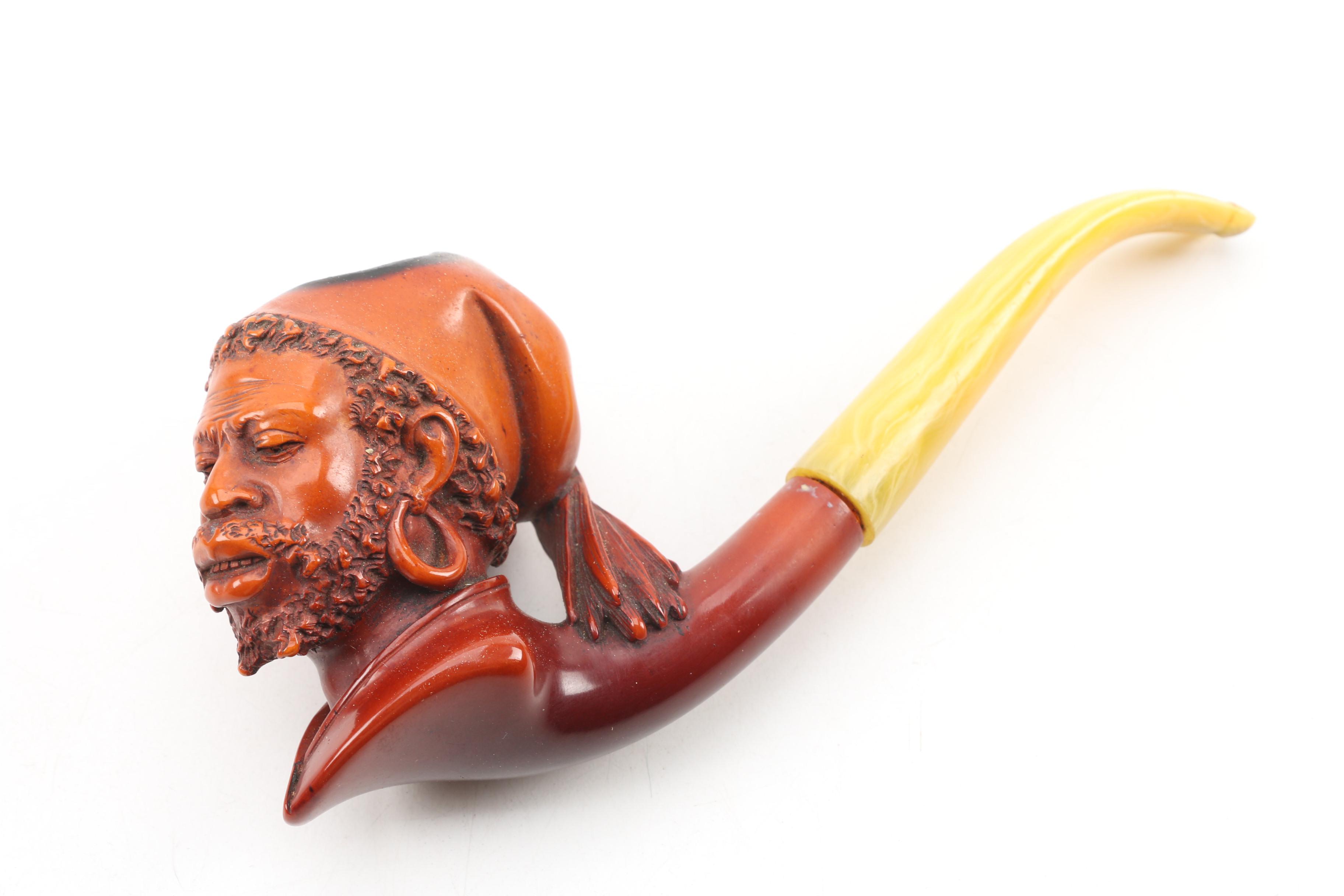 Antique Franz Hiess & Söhne Figural Meerschaum Tobacco Pipe with Leather Case