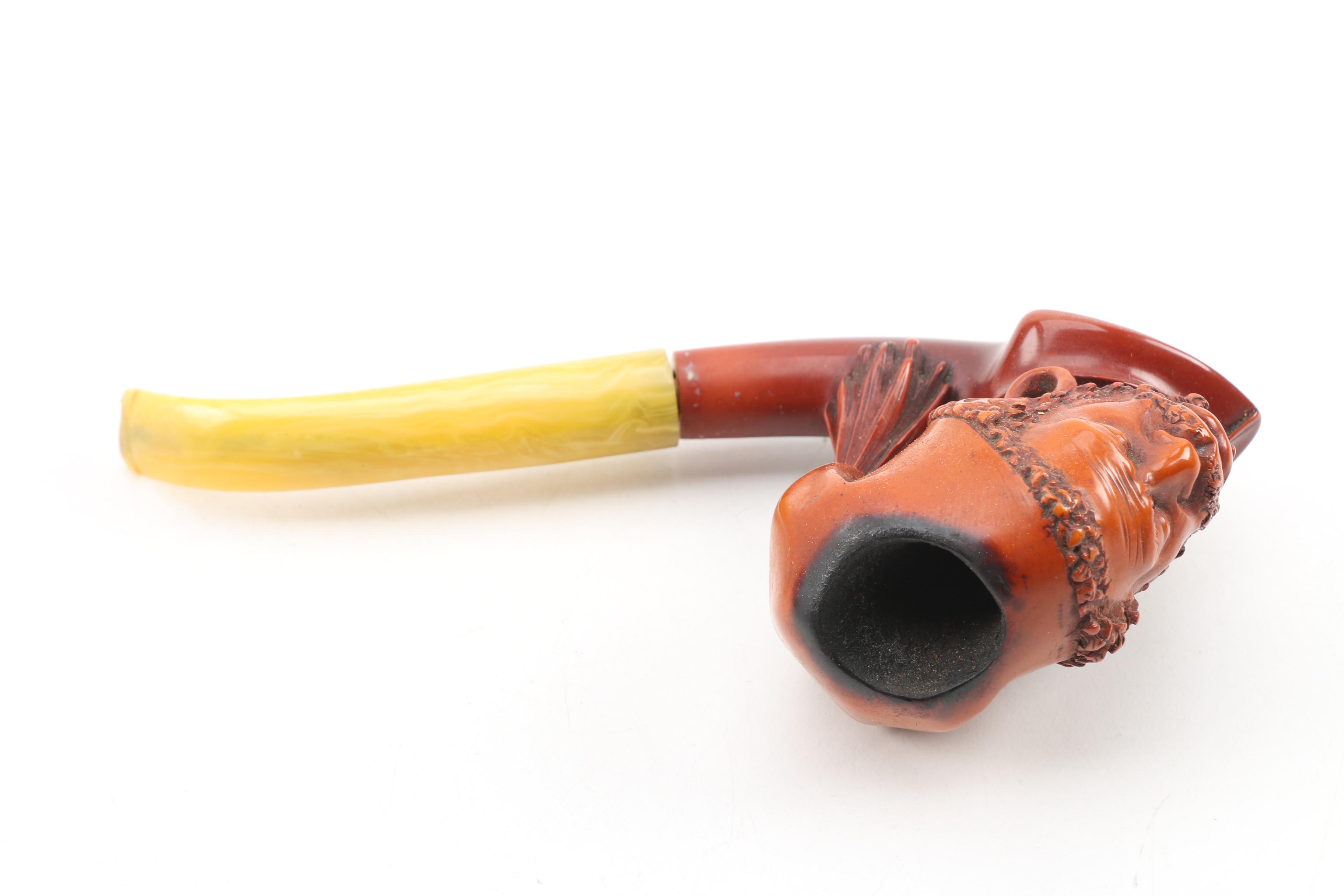 Antique Franz Hiess & Söhne Figural Meerschaum Tobacco Pipe with Leather Case