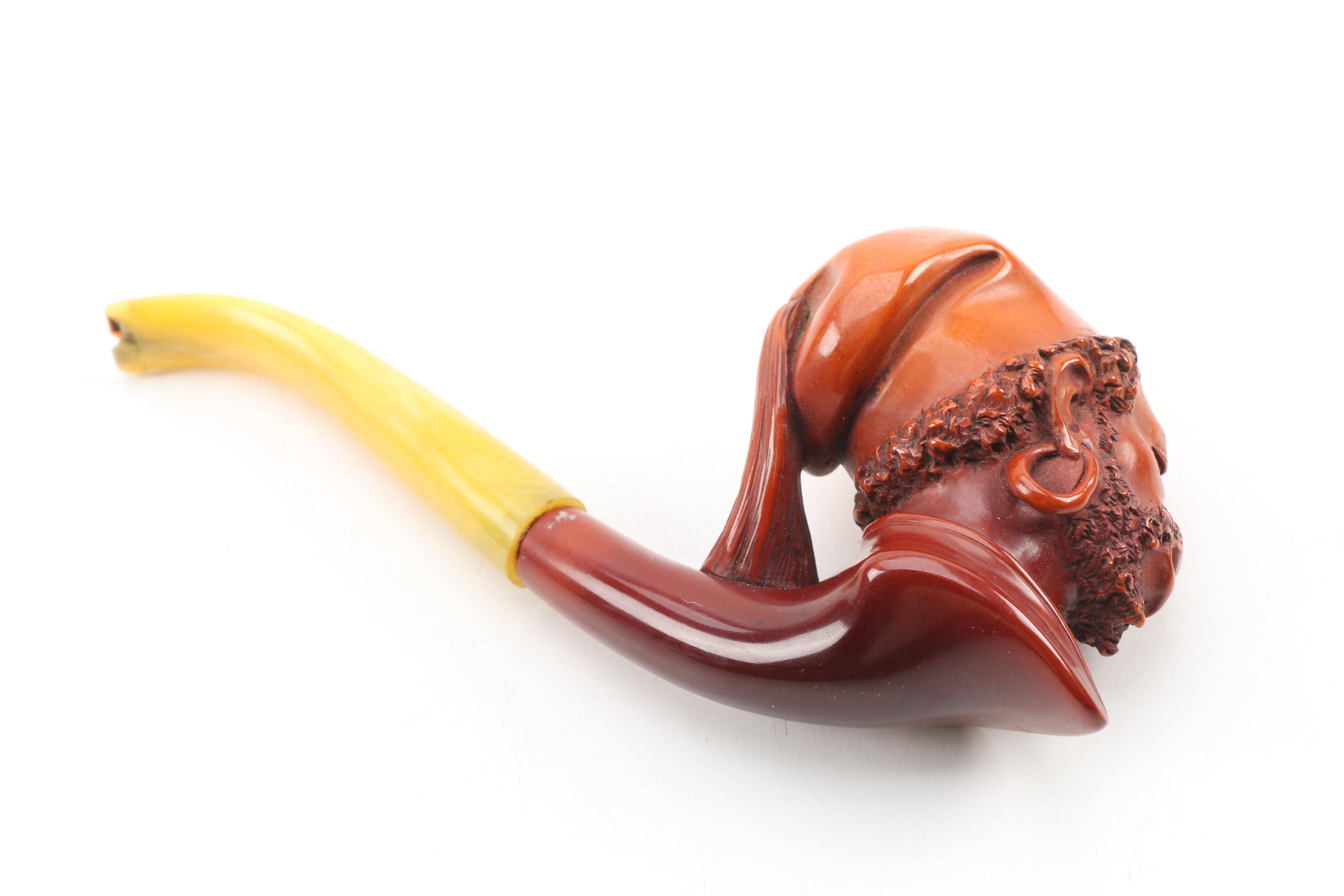 Antique Franz Hiess & Söhne Figural Meerschaum Tobacco Pipe with Leather Case