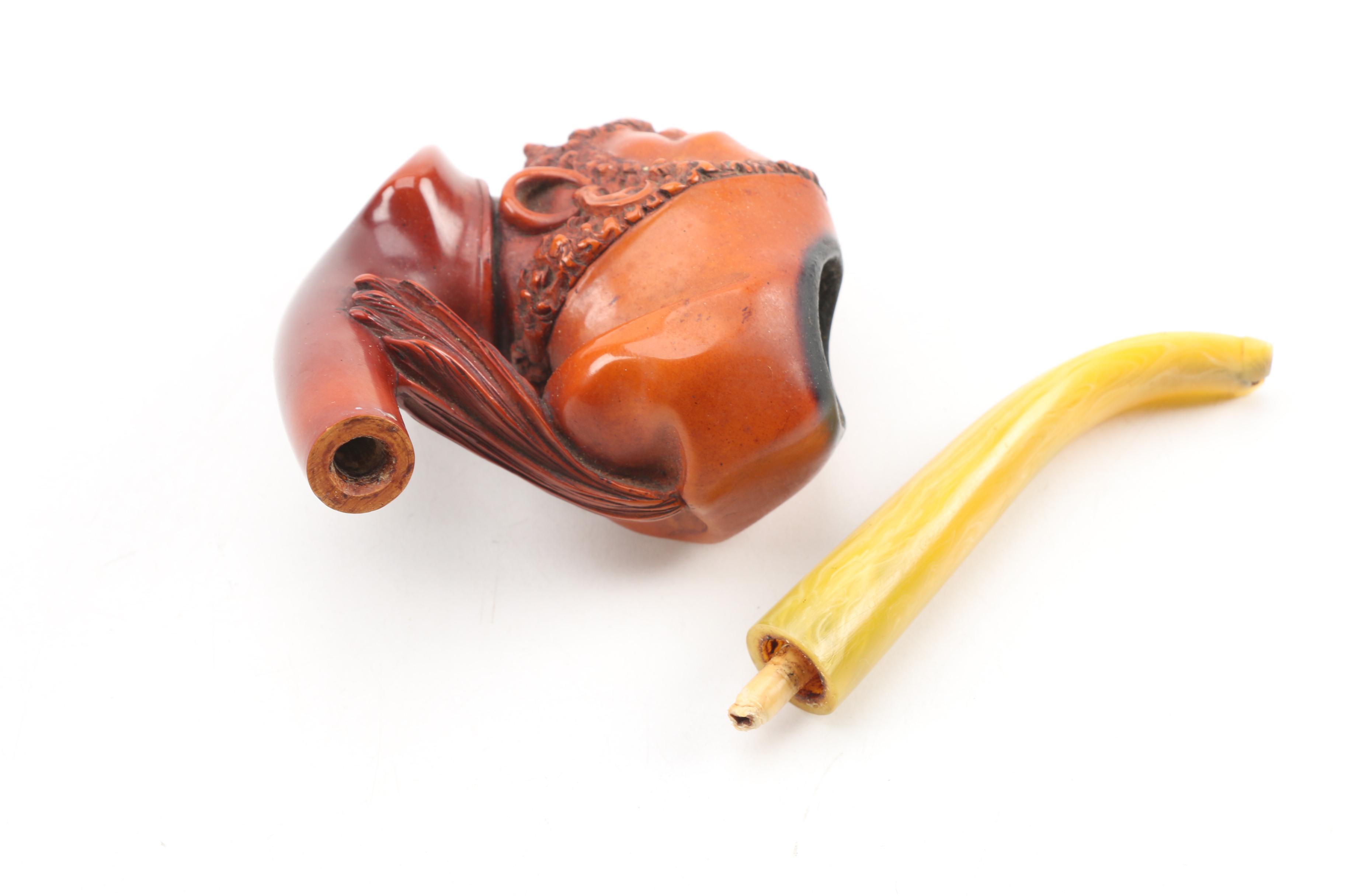 Antique Franz Hiess & Söhne Figural Meerschaum Tobacco Pipe with Leather Case