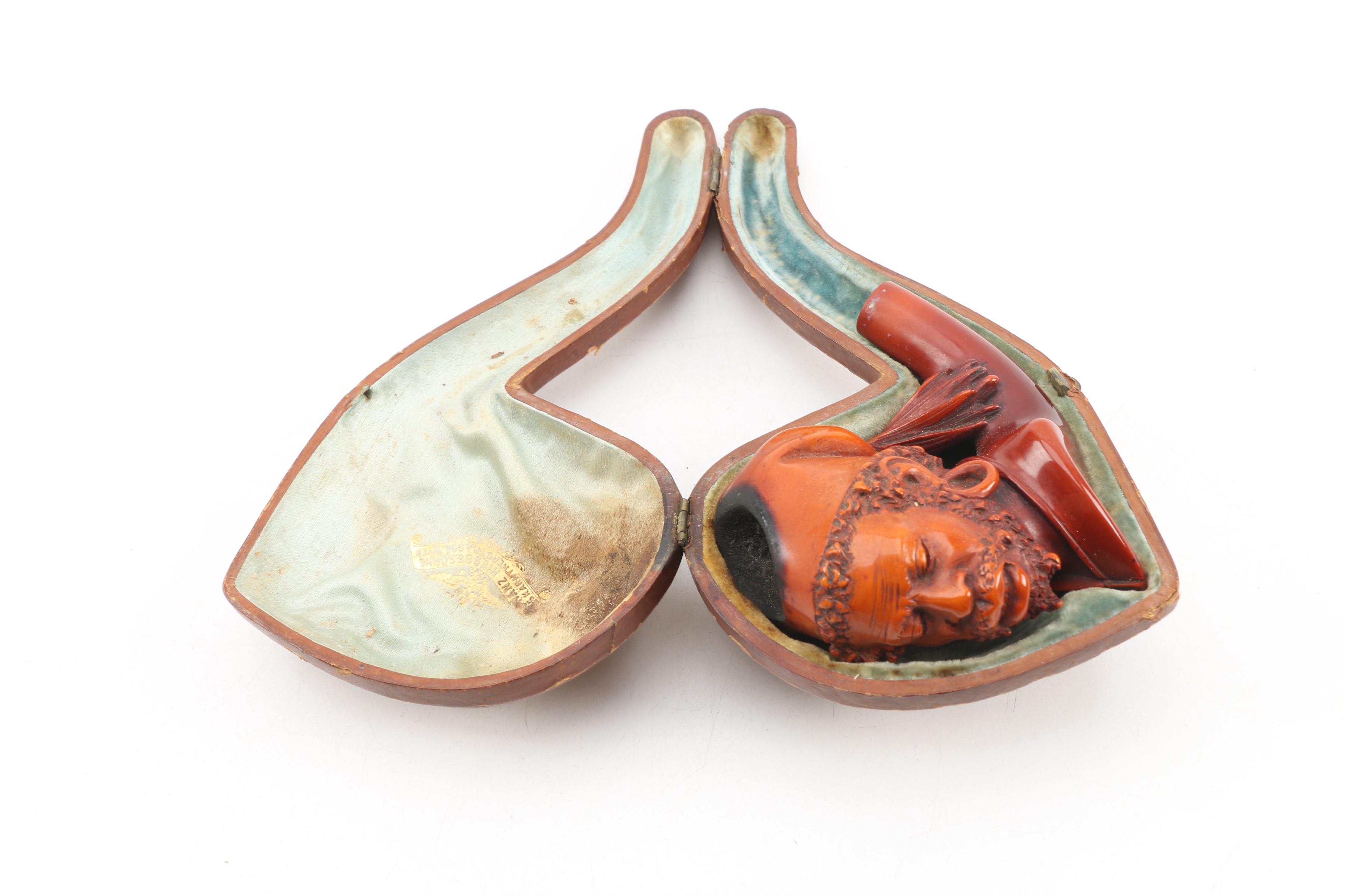 Antique Franz Hiess & Söhne Figural Meerschaum Tobacco Pipe with Leather Case