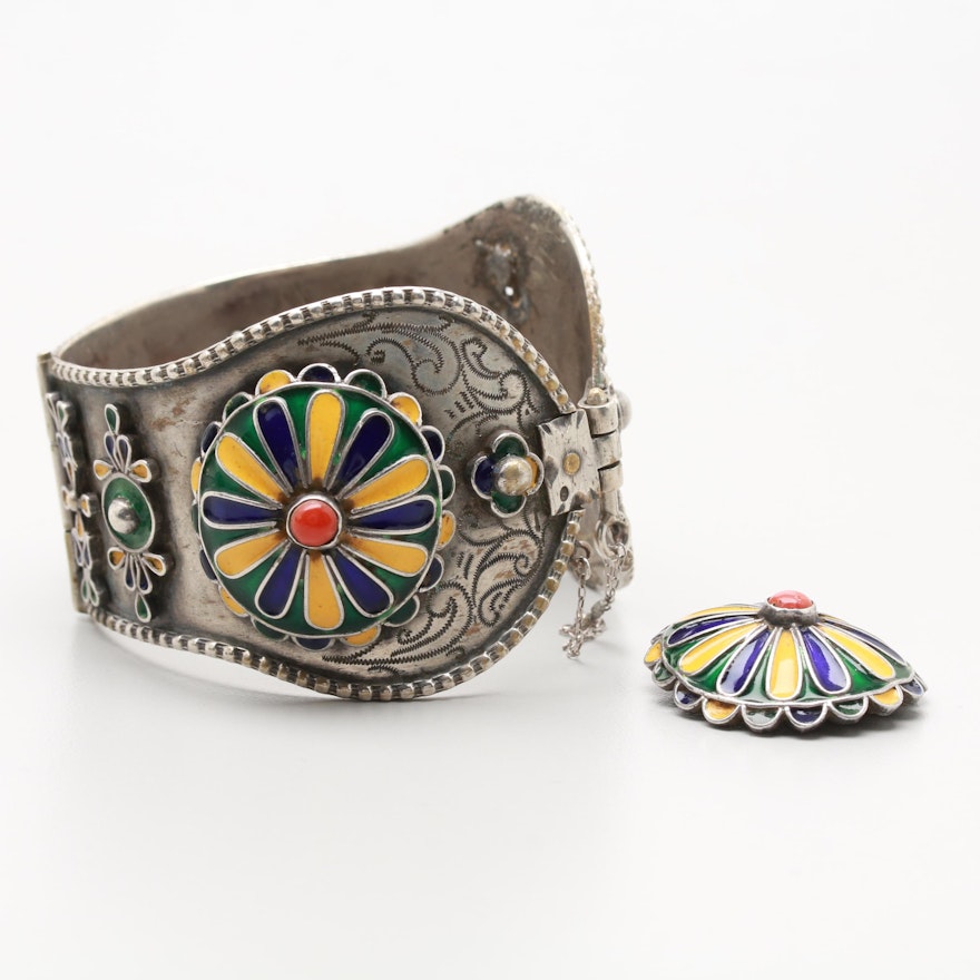 Algerian Kabyle 850 Silver Coral and Enamel Hinged Bracelet