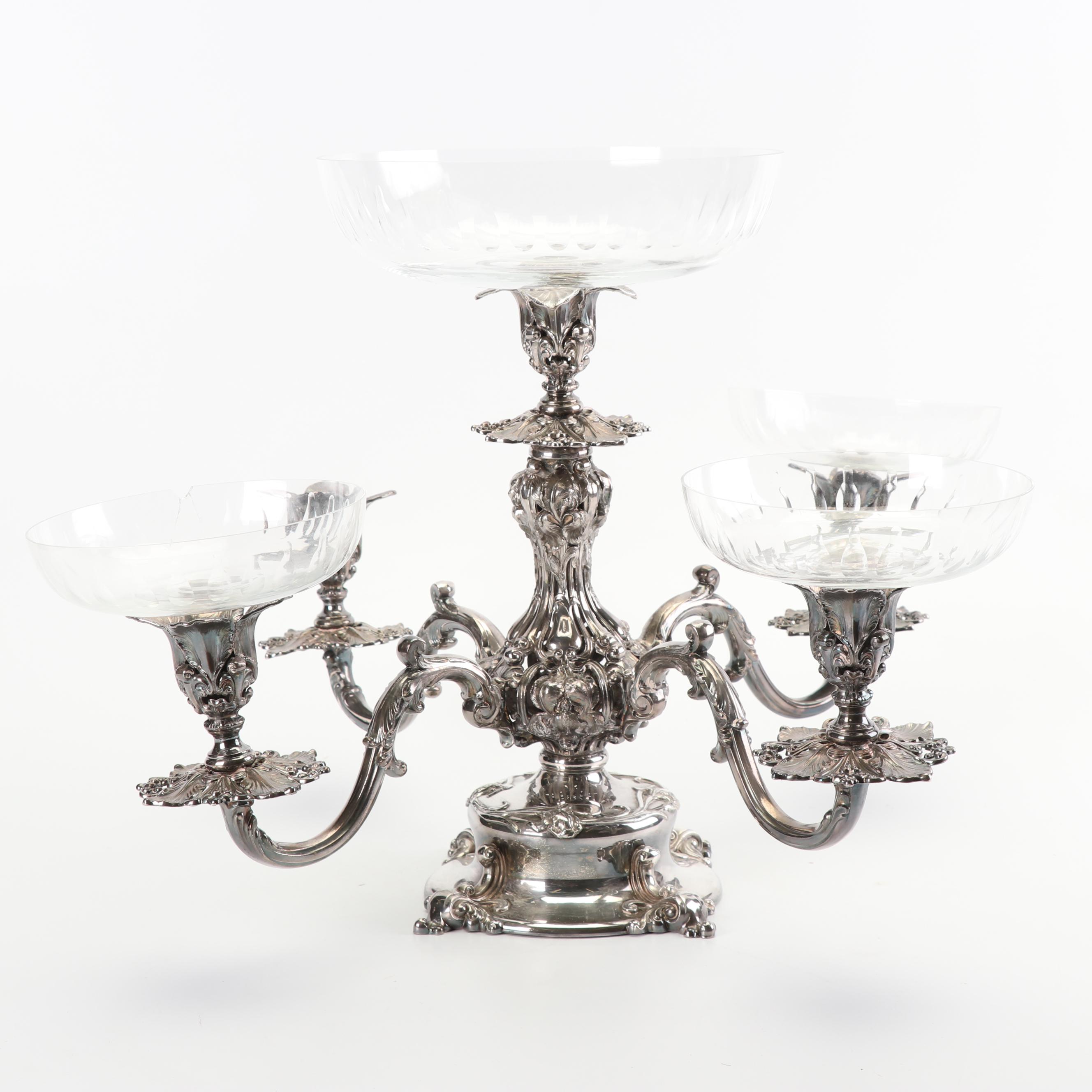 Reed & Barton Victorian Silver Plate Epergne with Glass Inserts