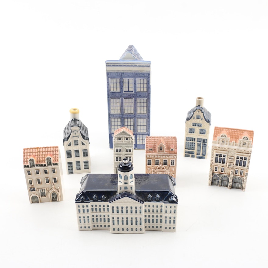 House Figurines and Promotional Decanters Including Delft "Anne Frank Huis"