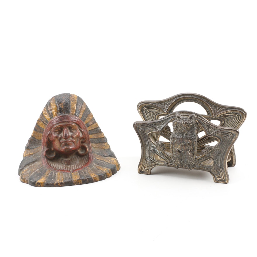 Art Nouveau Letter Holder with Owl Form and Native American Style Bookend
