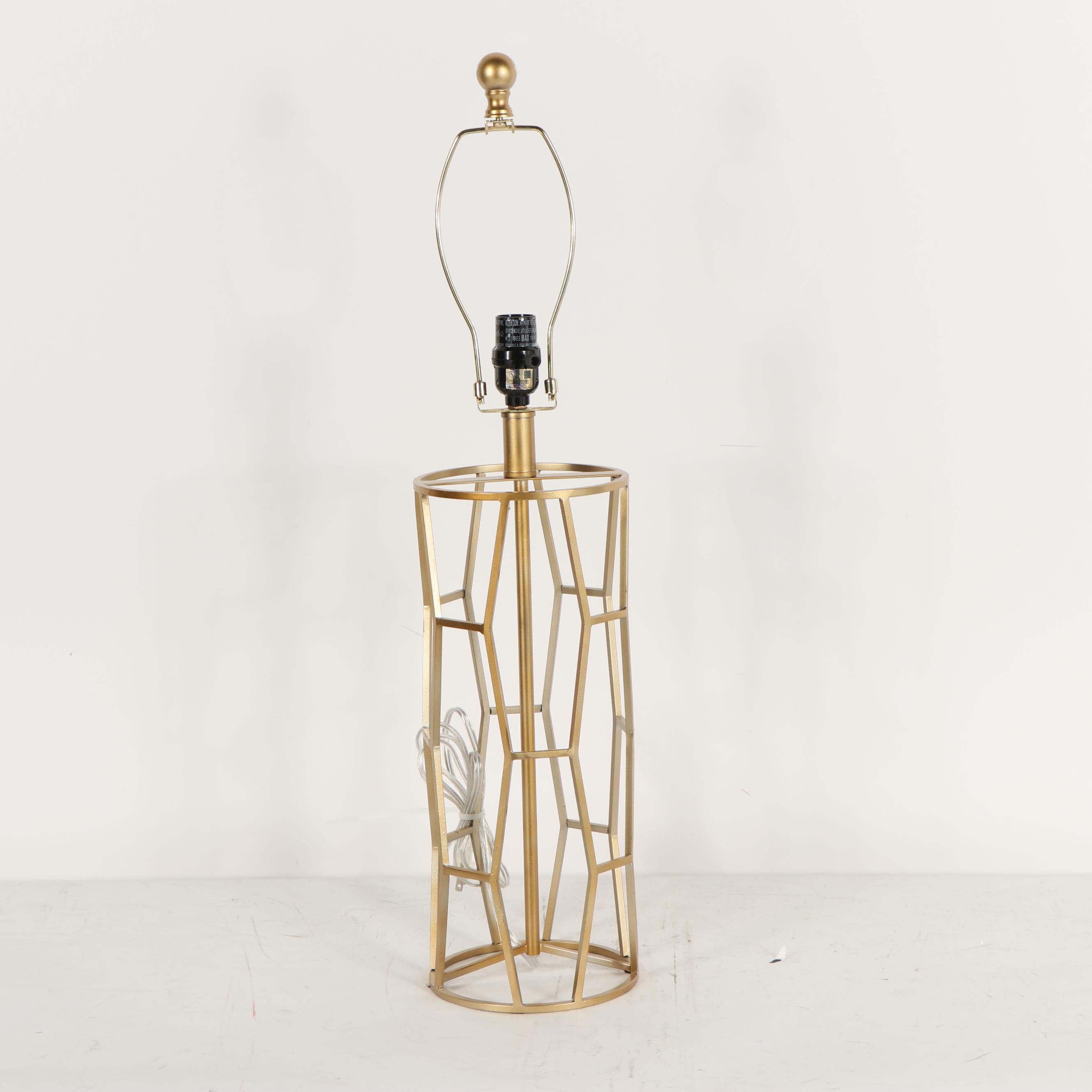 Gold Tone Geometric Cage Table Lamp with Fabric Shade