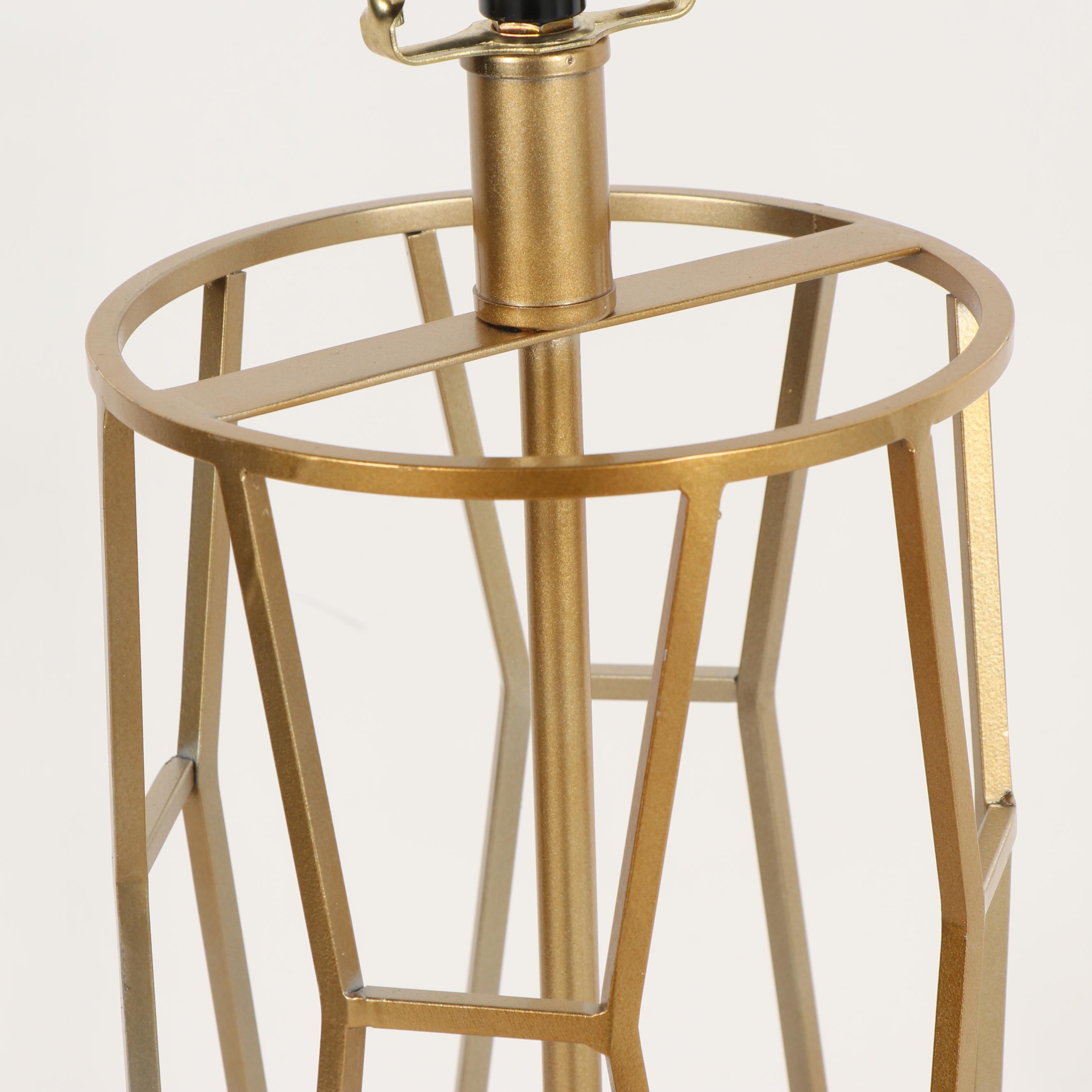 Gold Tone Geometric Cage Table Lamp with Fabric Shade