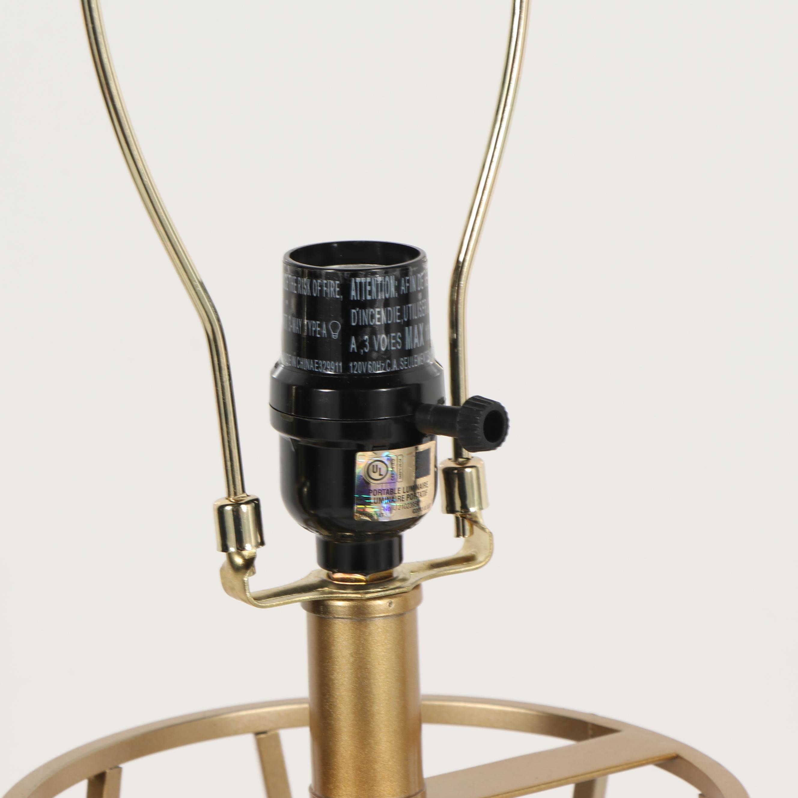 Gold Tone Geometric Cage Table Lamp with Fabric Shade