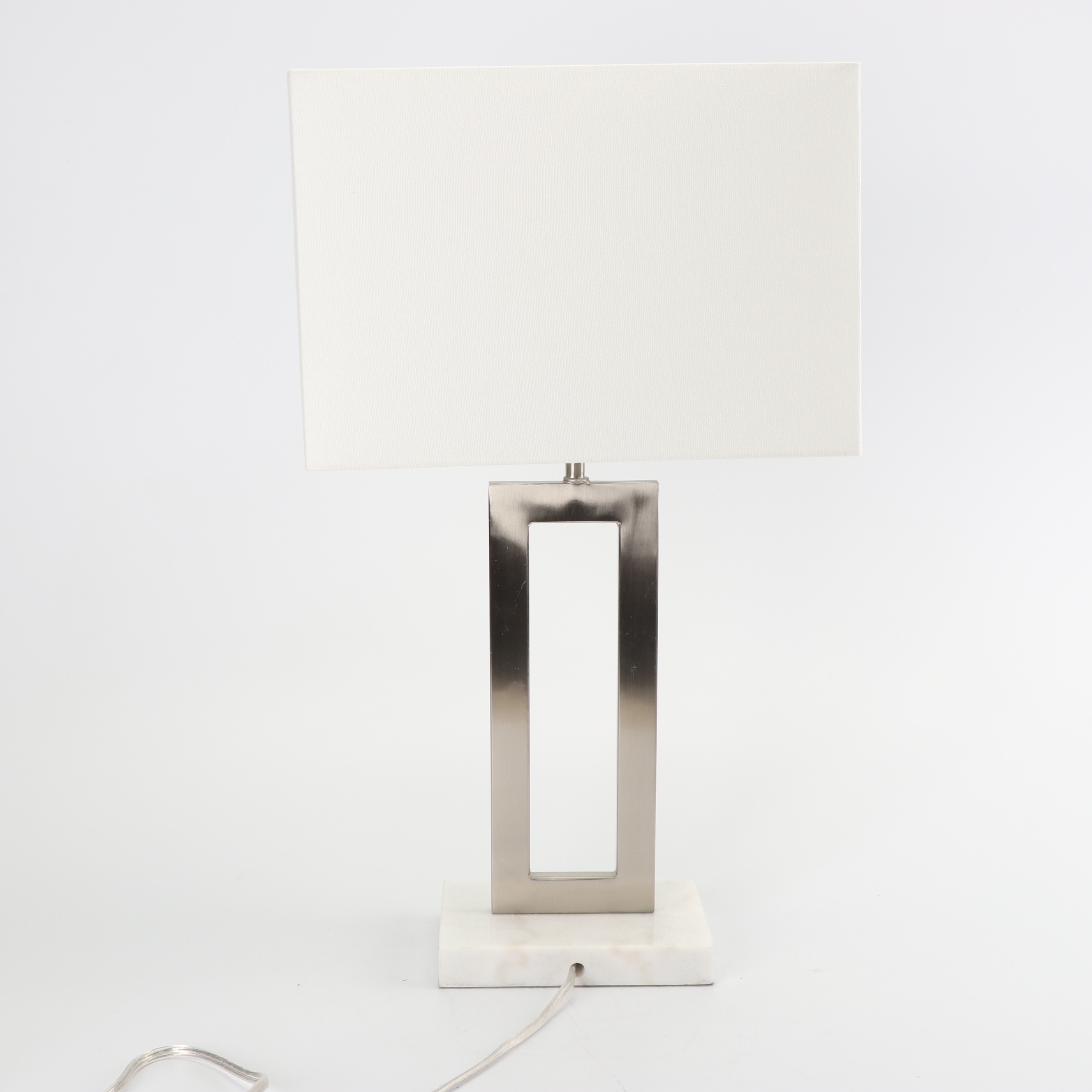Geometric Chrome Table Lamp with Rectangular Fabric Shade