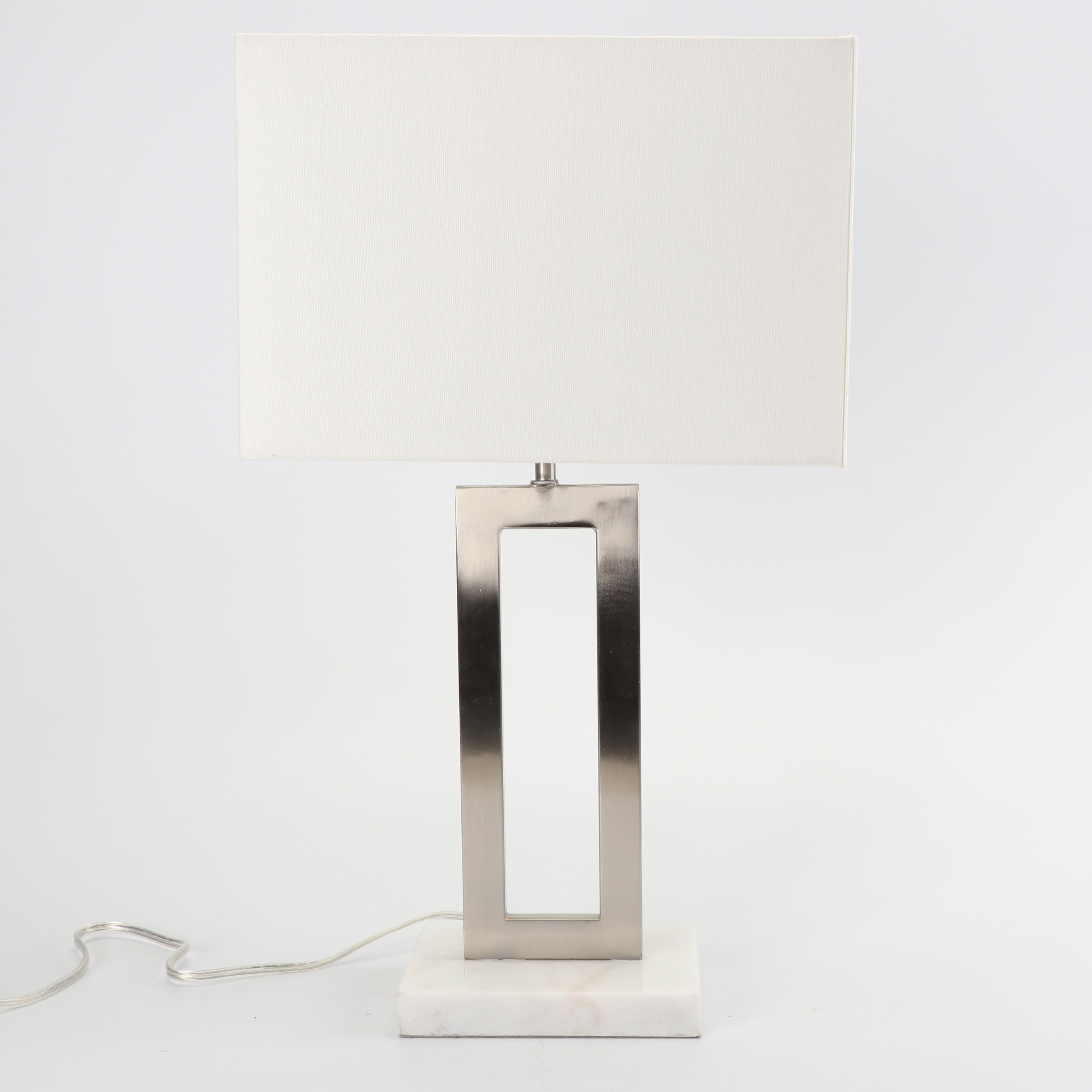 Geometric Chrome Table Lamp with Rectangular Fabric Shade