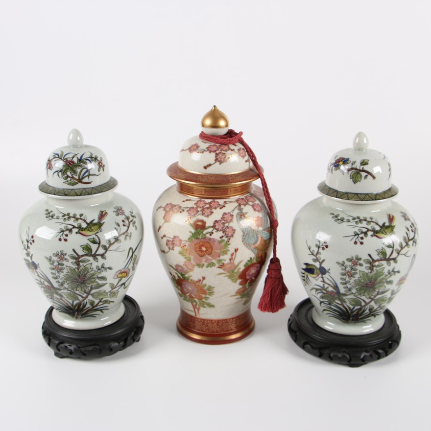 Andrea by Sadek Japanese Ceramic Ginger Jars Including Wooden Stands