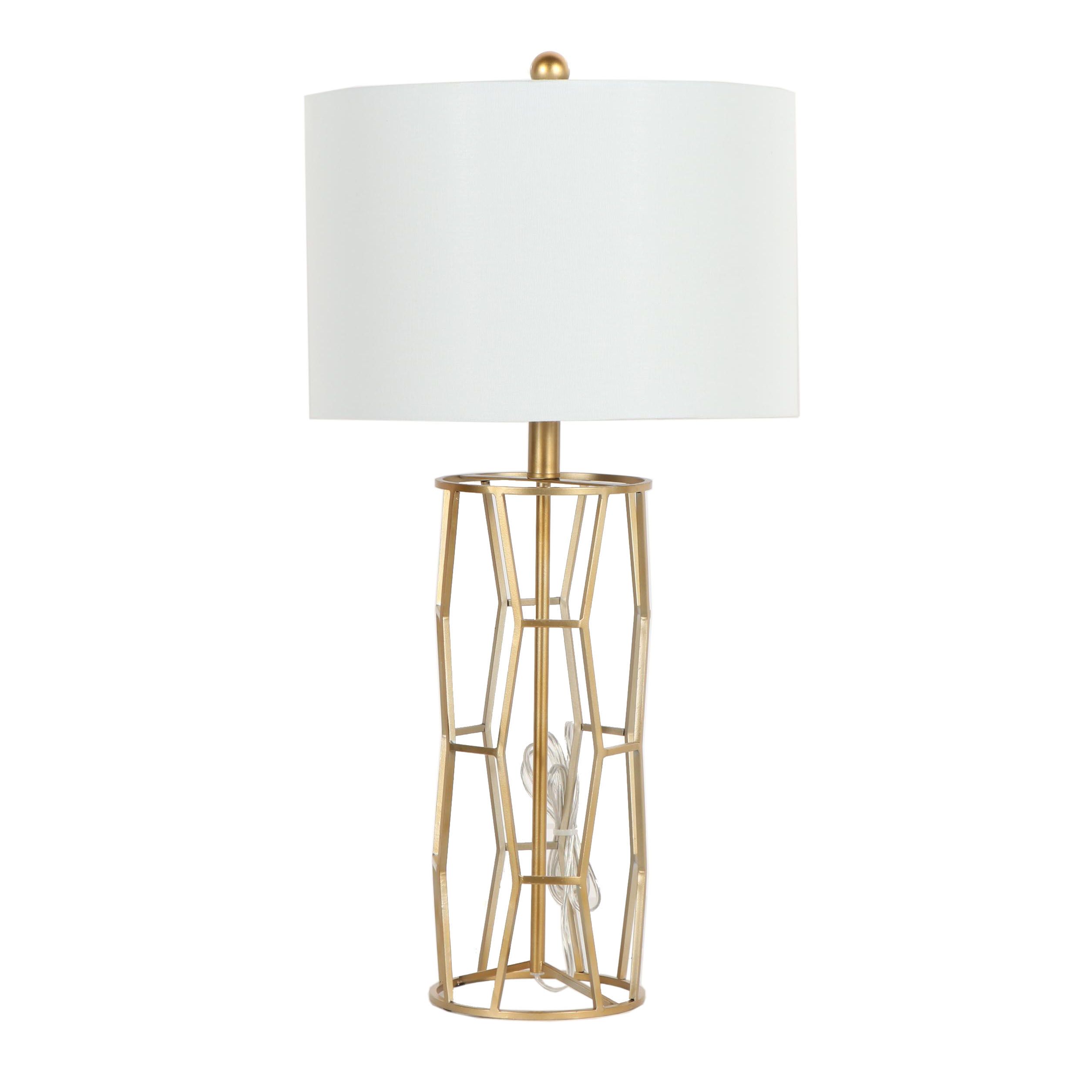 Gold Tone Geometric Cage Table Lamp with Fabric Shade