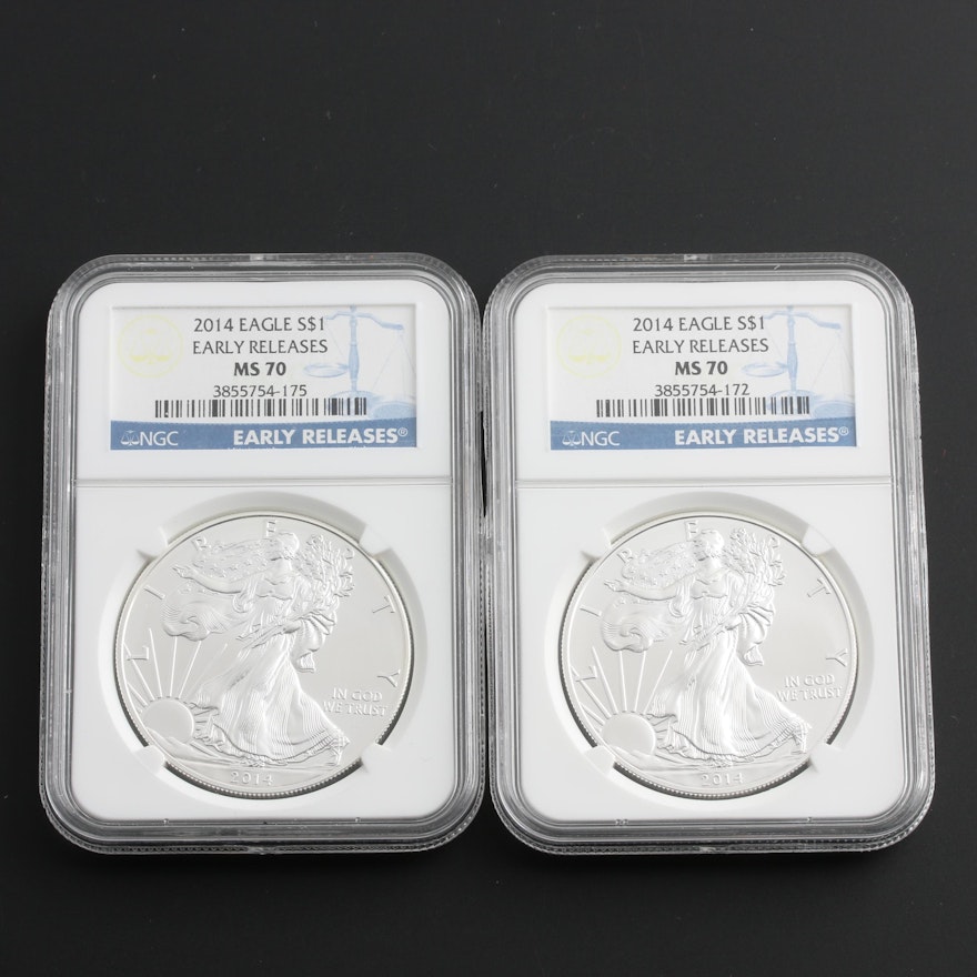 Group of Two NGC Graded MS70 2014 American Silver Eagle $1 Bullion Coins