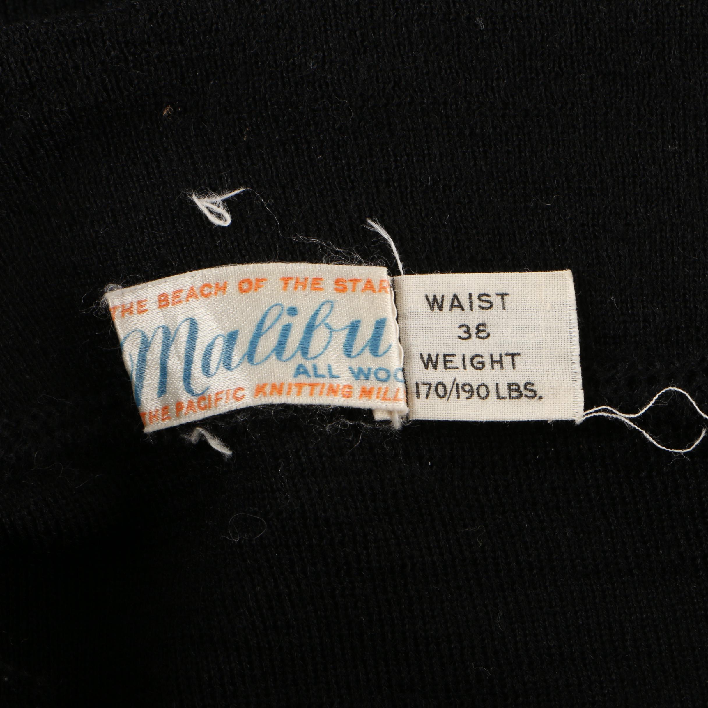 Men's Malibu Belted Black Wool Knit Swim Trunks, 1940s Vintage