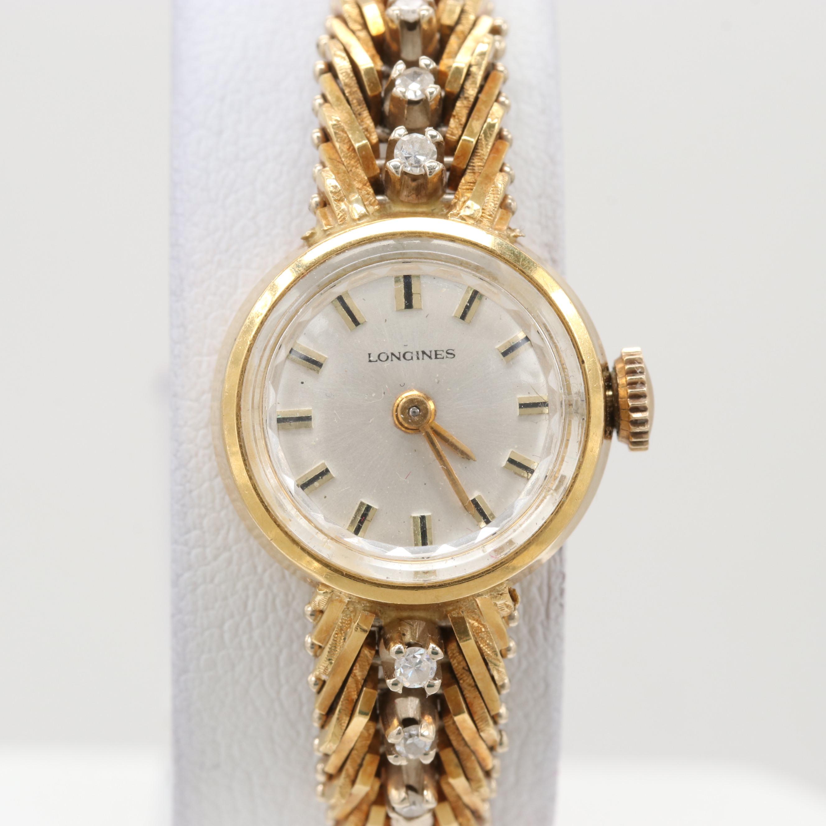 Vintage Longines 18K Yellow Gold Diamond Stem Wind Watch