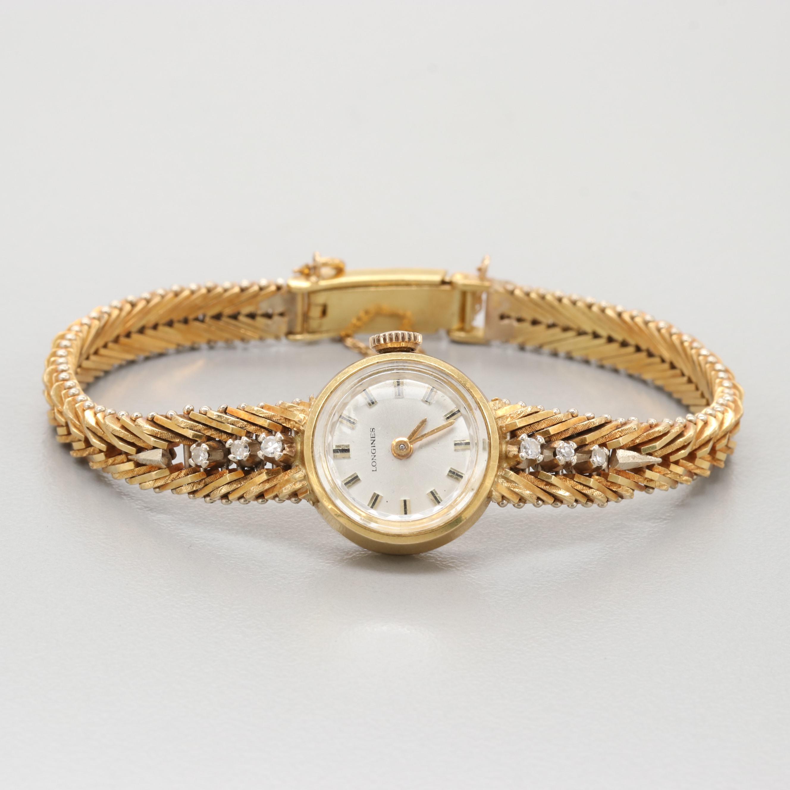 Vintage Longines 18K Yellow Gold Diamond Stem Wind Watch