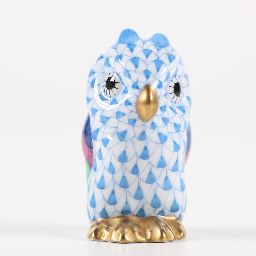 Herend Blue Fishnet "Miniature Owl" Hand-Painted Porcelain Figurine