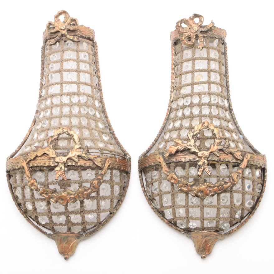 French Empire Style Beaded Basket Wall Sconces with Garland Accents, Mid-Century