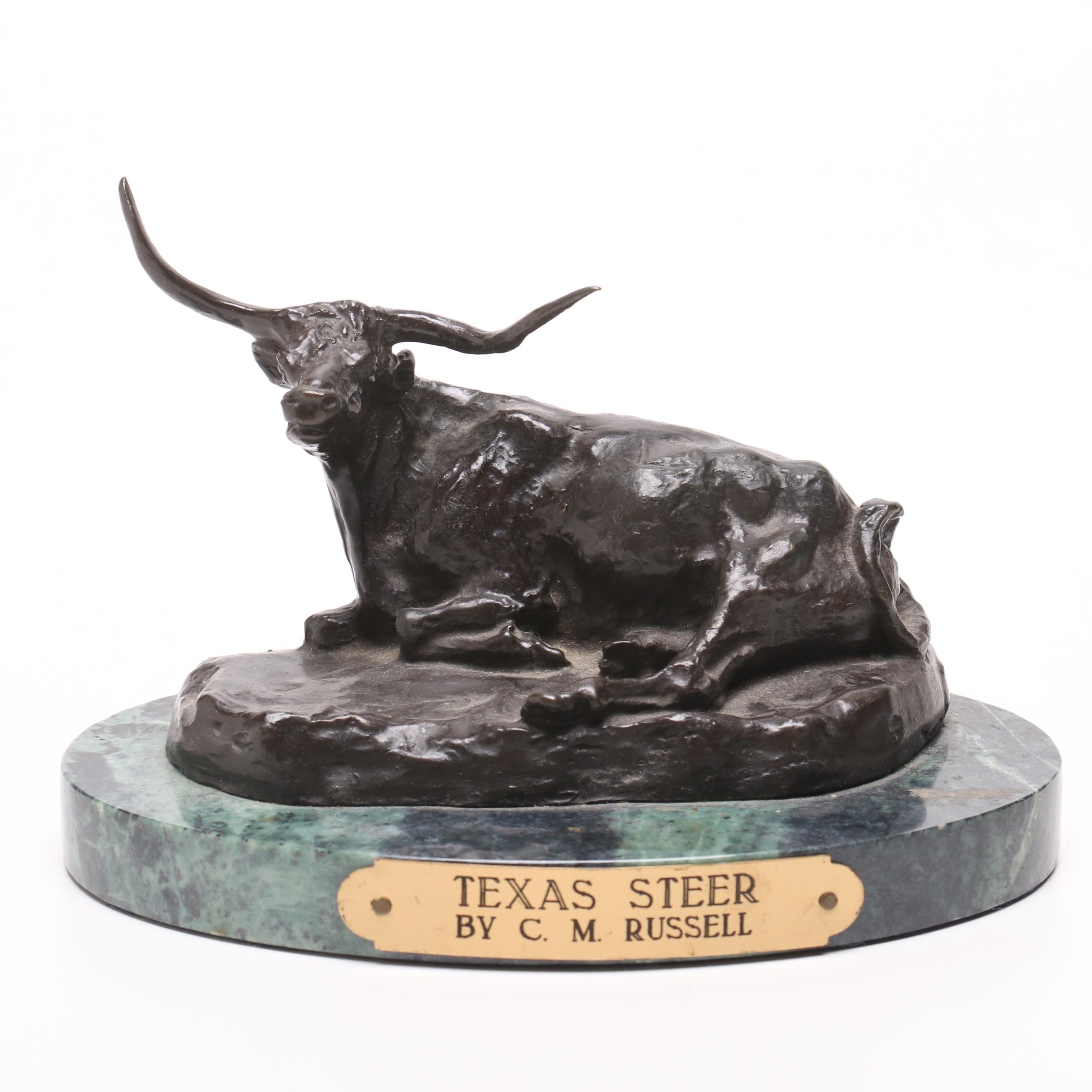 Western-Themed Bronze and Marble Sculpture "Texas Steer" by C.M. Russell