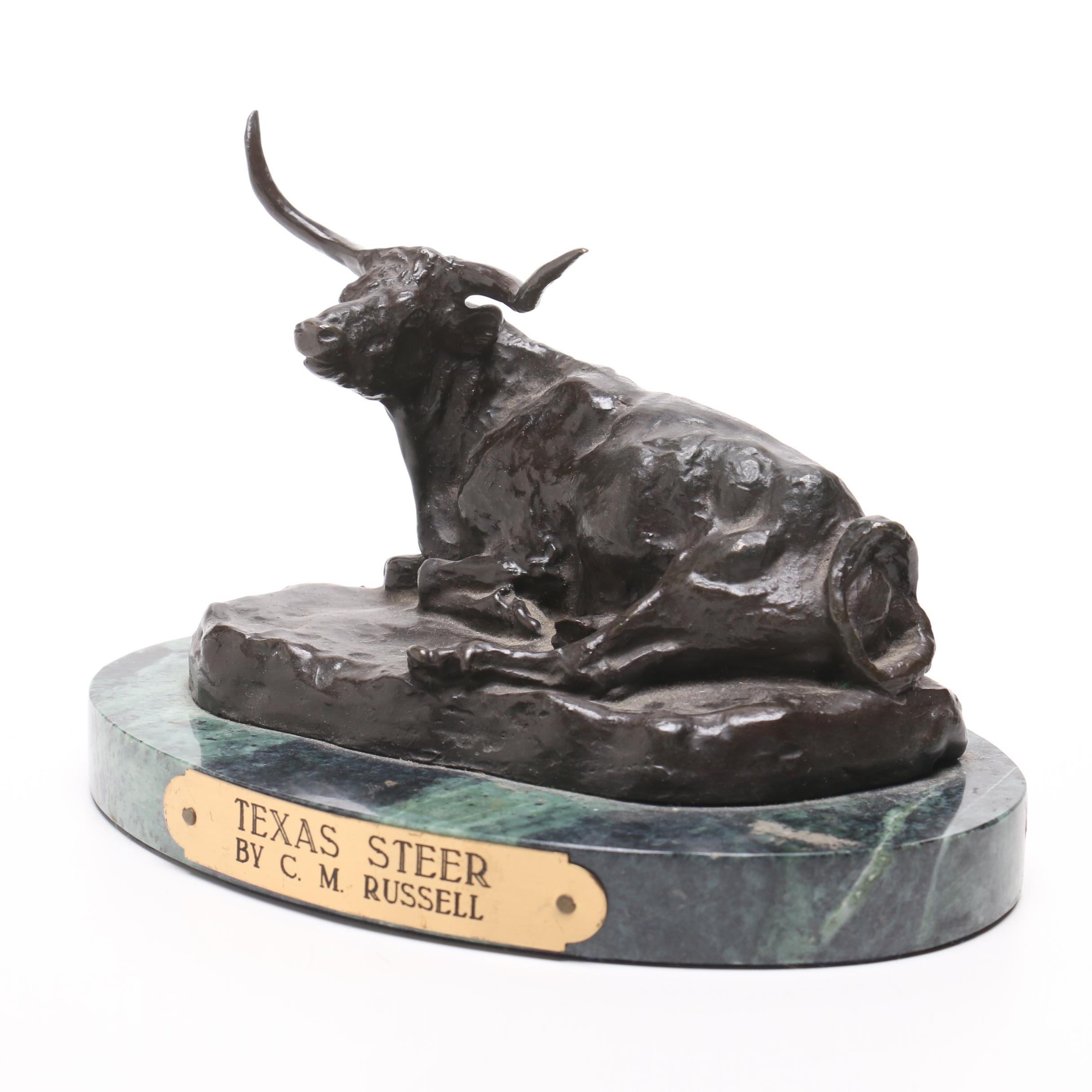 Western-Themed Bronze and Marble Sculpture "Texas Steer" by C.M. Russell