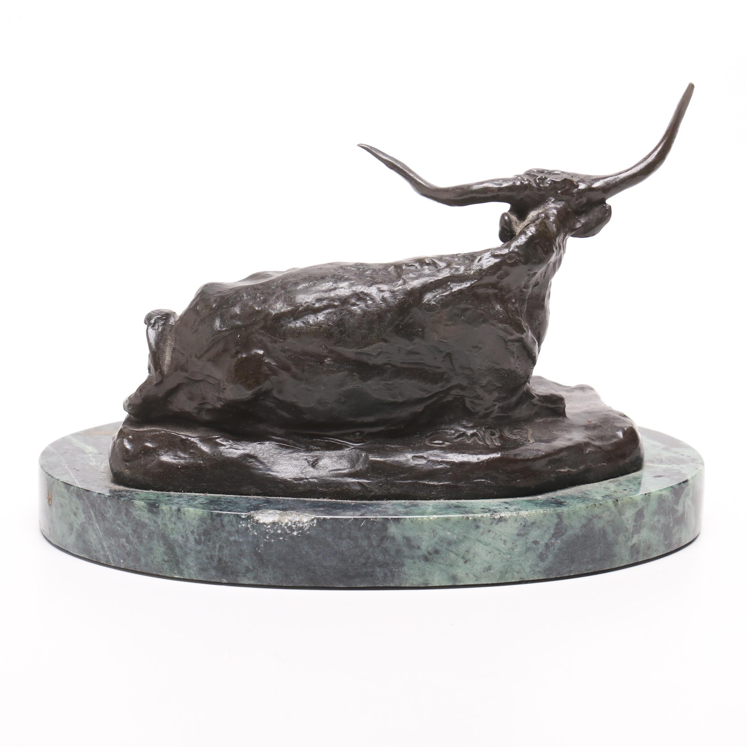 Western-Themed Bronze and Marble Sculpture "Texas Steer" by C.M. Russell