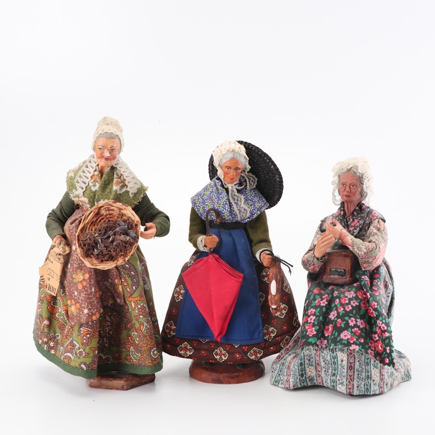 Vintage Folk Art Doll Figurines Including Simone Jouglas Terra-Cotta Figurine