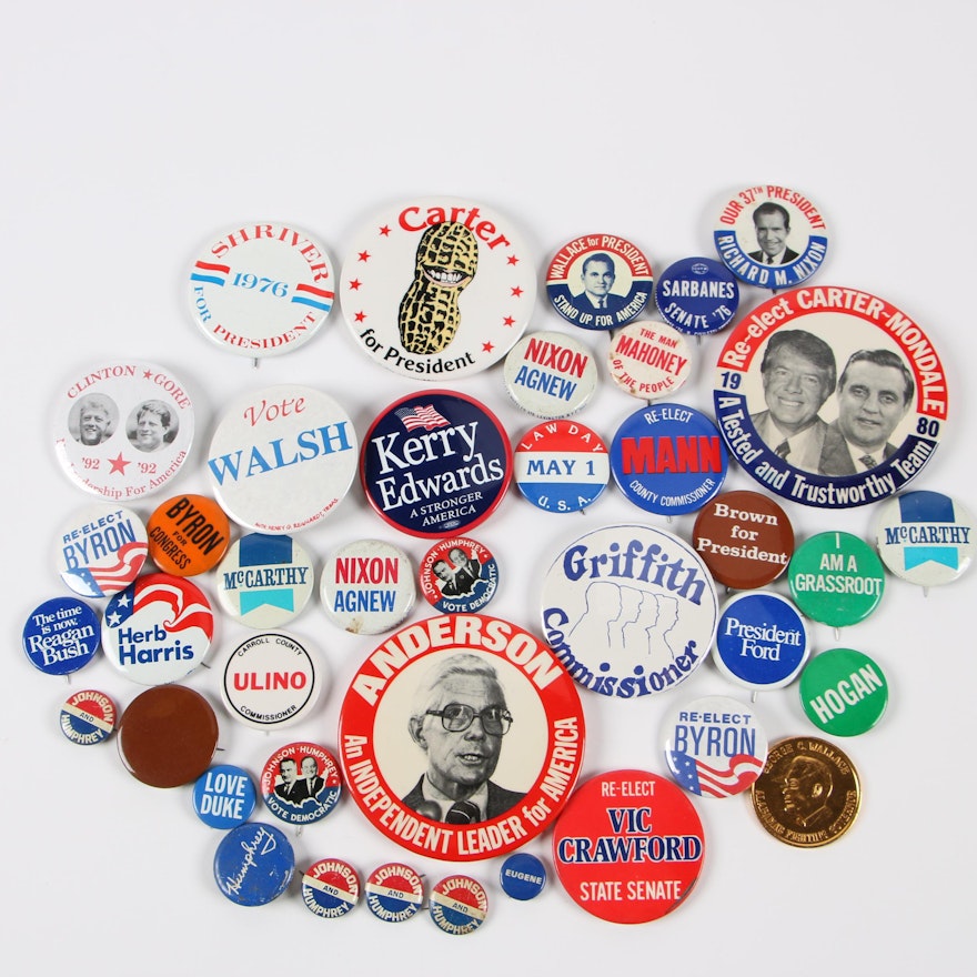 Political Campaign Buttons featuring Richard M. Nixon and Jimmy Carter