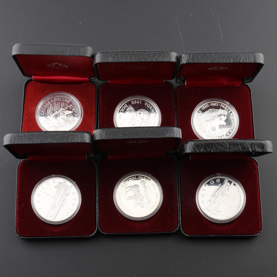 Six Commemorative Silver Proof Canadian Dollar Coins From the 1980s