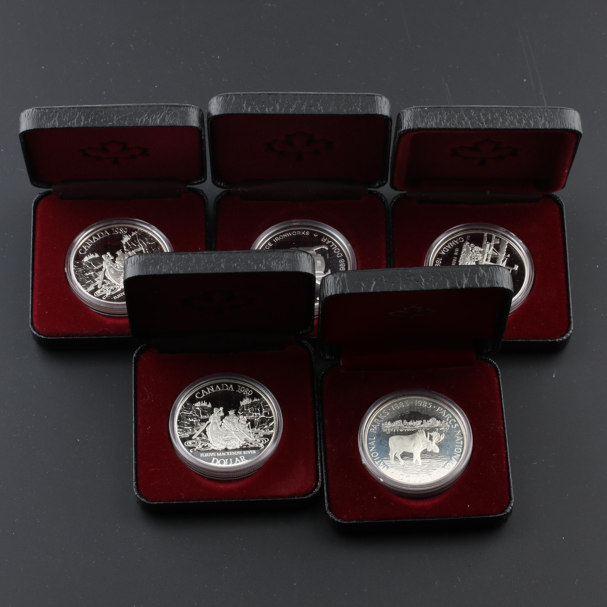 Five Commemorative Silver Proof Canadian Dollar Coins