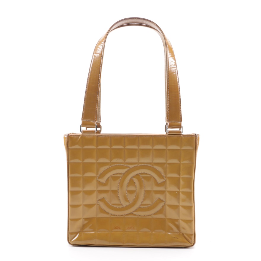 Circa 2002 Chanel Quilted Embossed Caramel Patent Leather Shoulder Bag