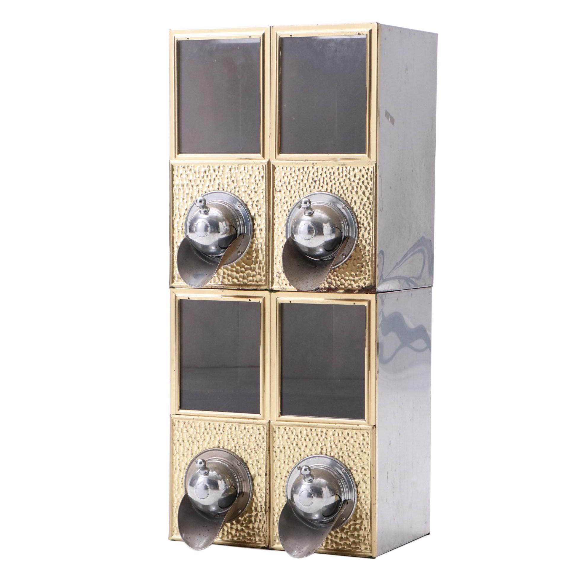 Four Commercial Stainless Coffee Bean Dispensers with Hammered Brass Detail