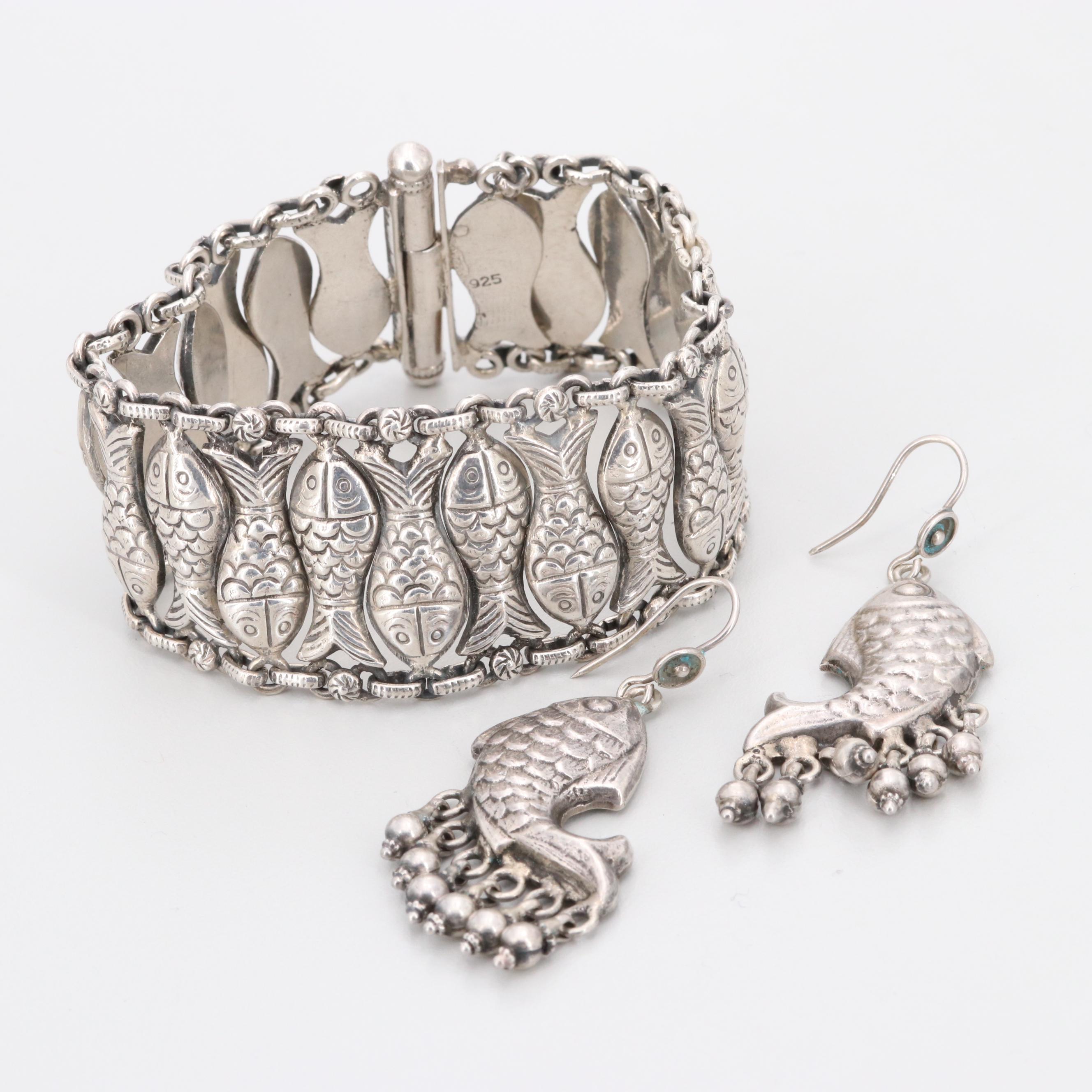 Sterling Silver Fish Themed Bracelet with Earrings