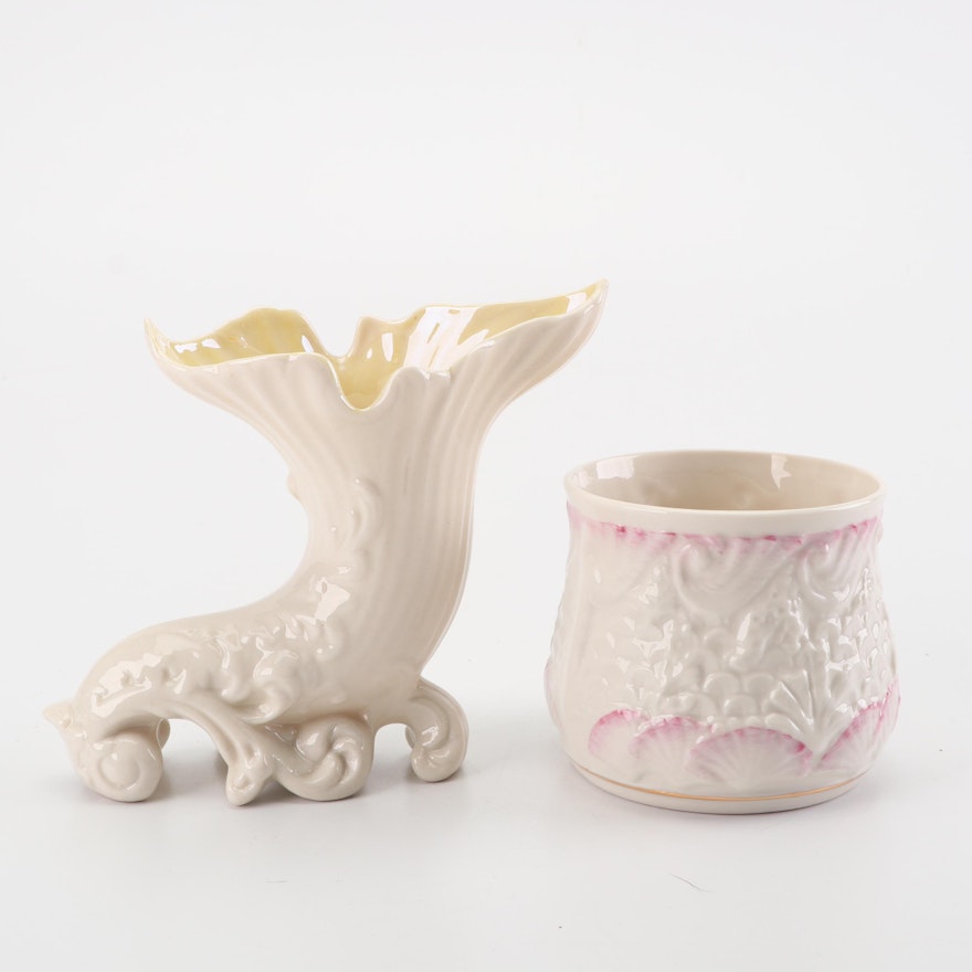 Belleek "Fermanagh" Vase and "New Shell Pink" Cachepot