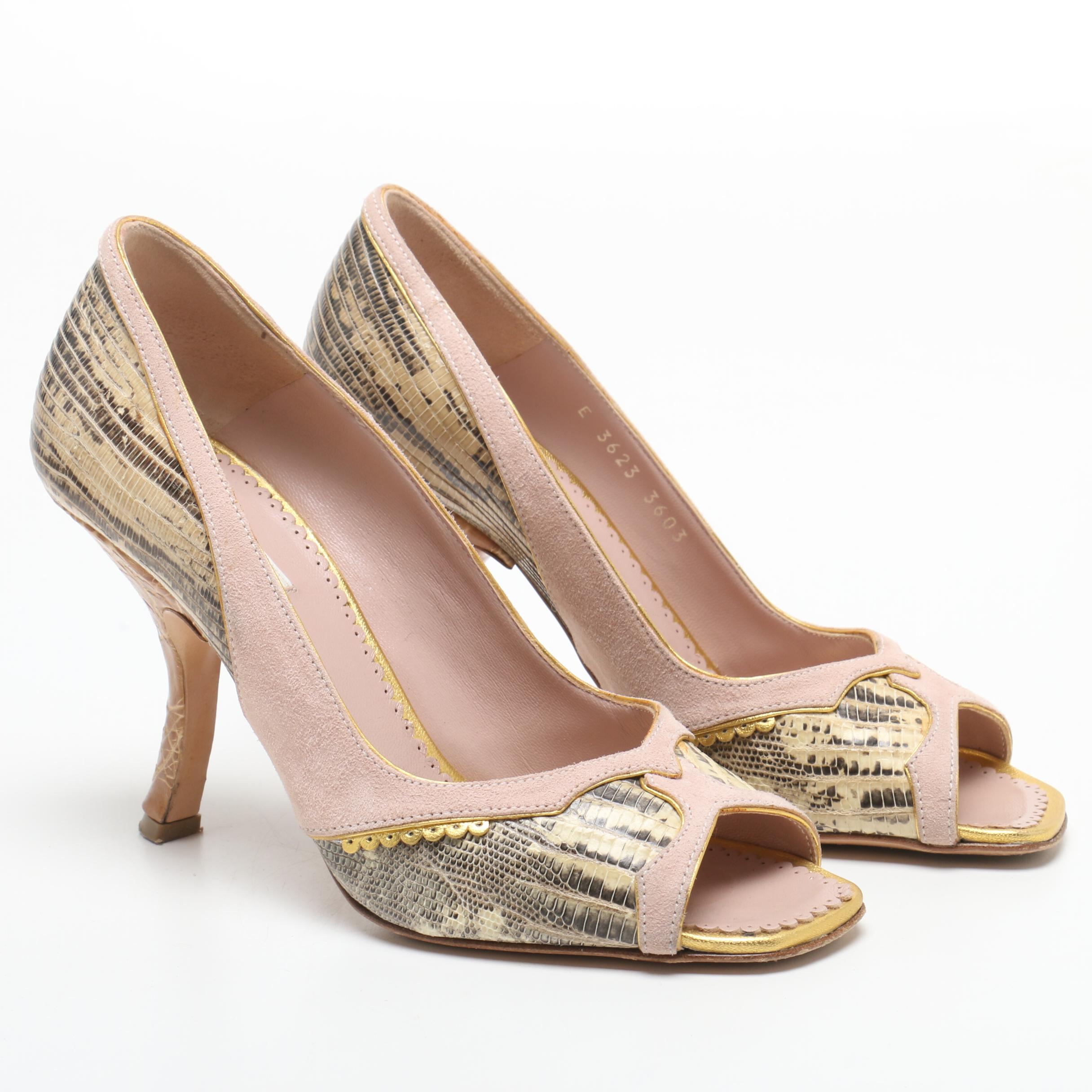 Prada Suede and Lizard Skin Heels and Escada Twill and Lizard Embossed Pumps