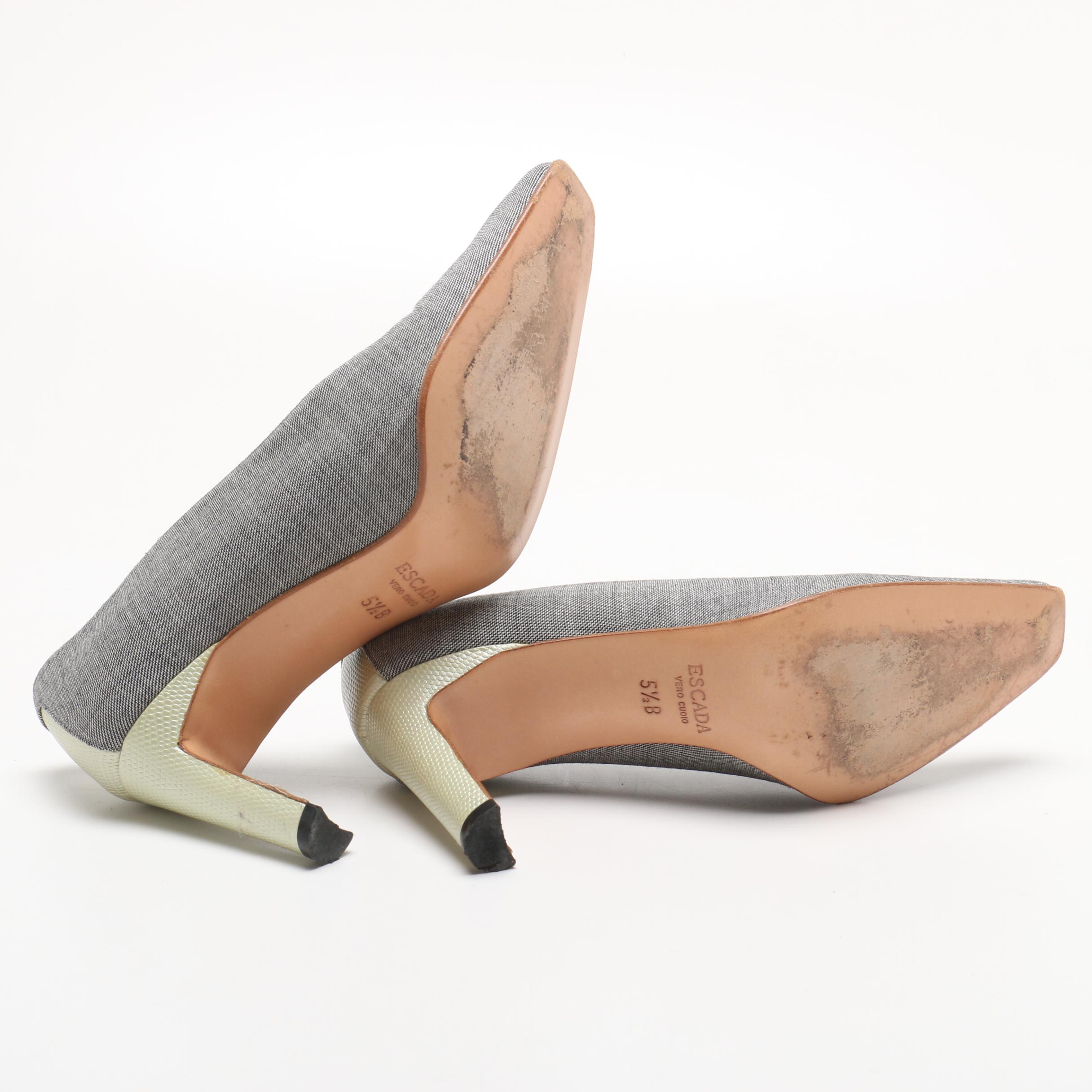 Prada Suede and Lizard Skin Heels and Escada Twill and Lizard Embossed Pumps