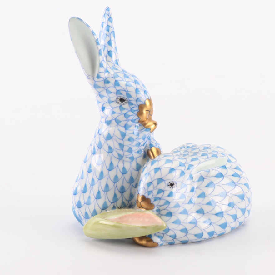 Herend Blue "Pair of Rabbits with Corn" Hand-Painted Porcelain Figurine