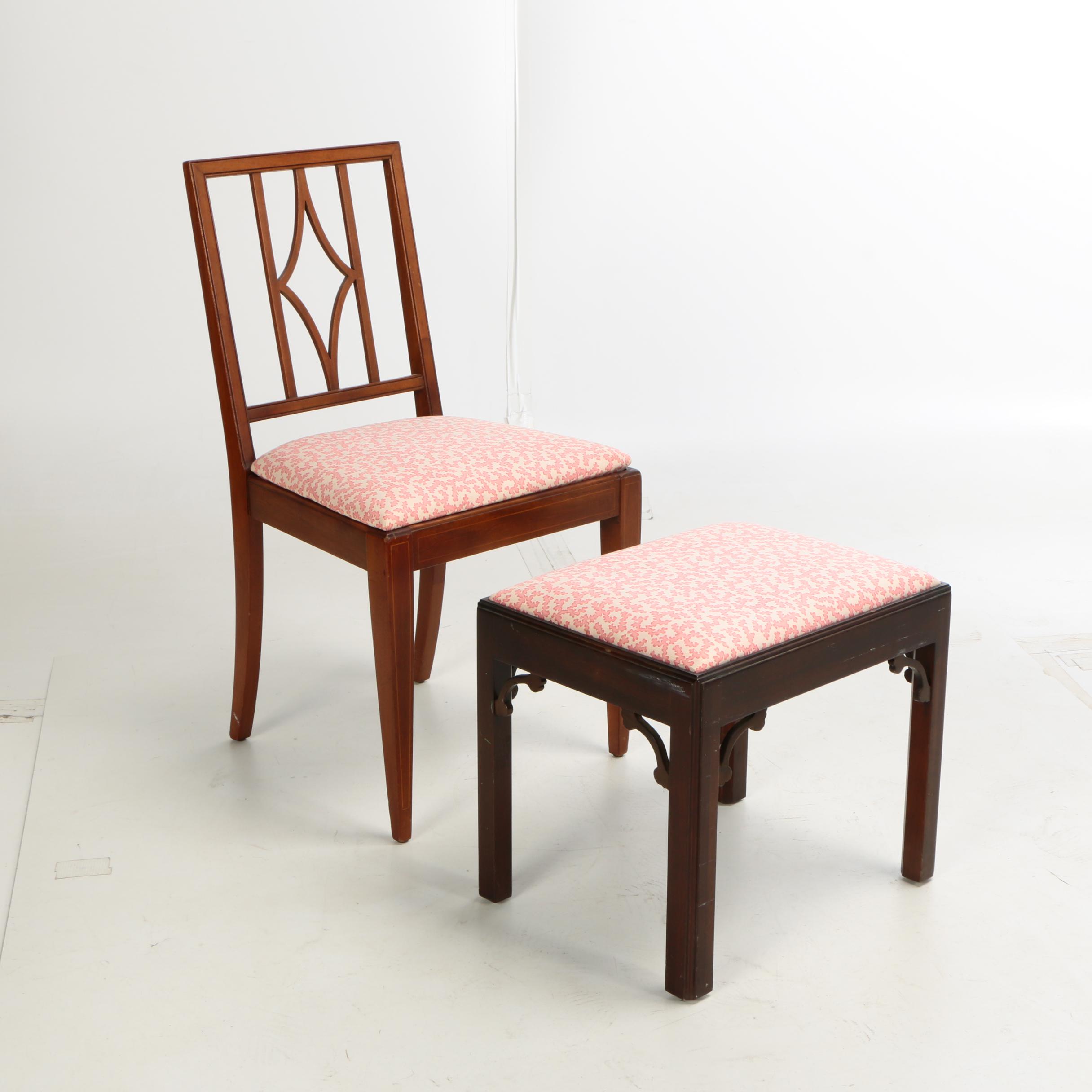 Matching Upholstered Armchair, Footstool, and Chair, 20th Century