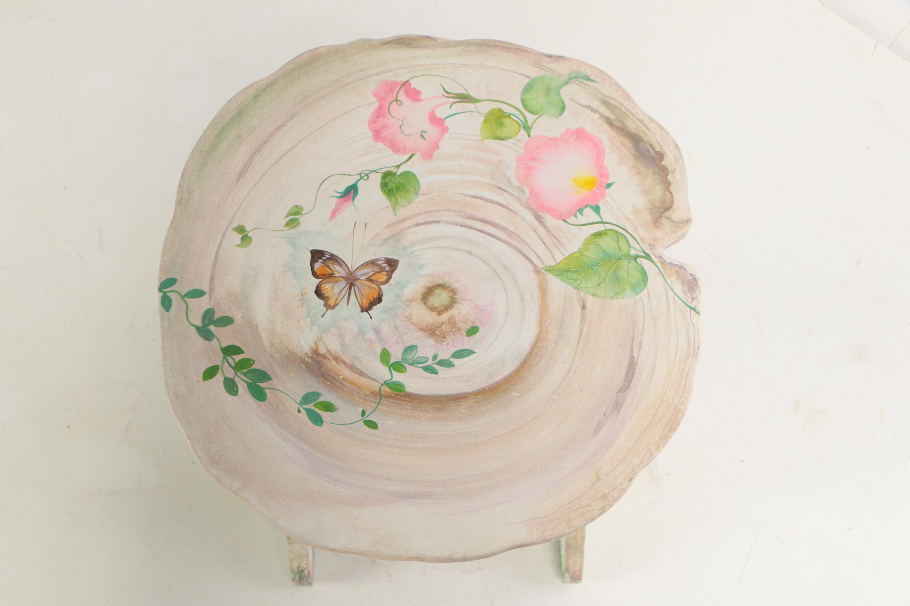 Hand Painted Butterfly and Floral Wooden Taboret, 20th Centry