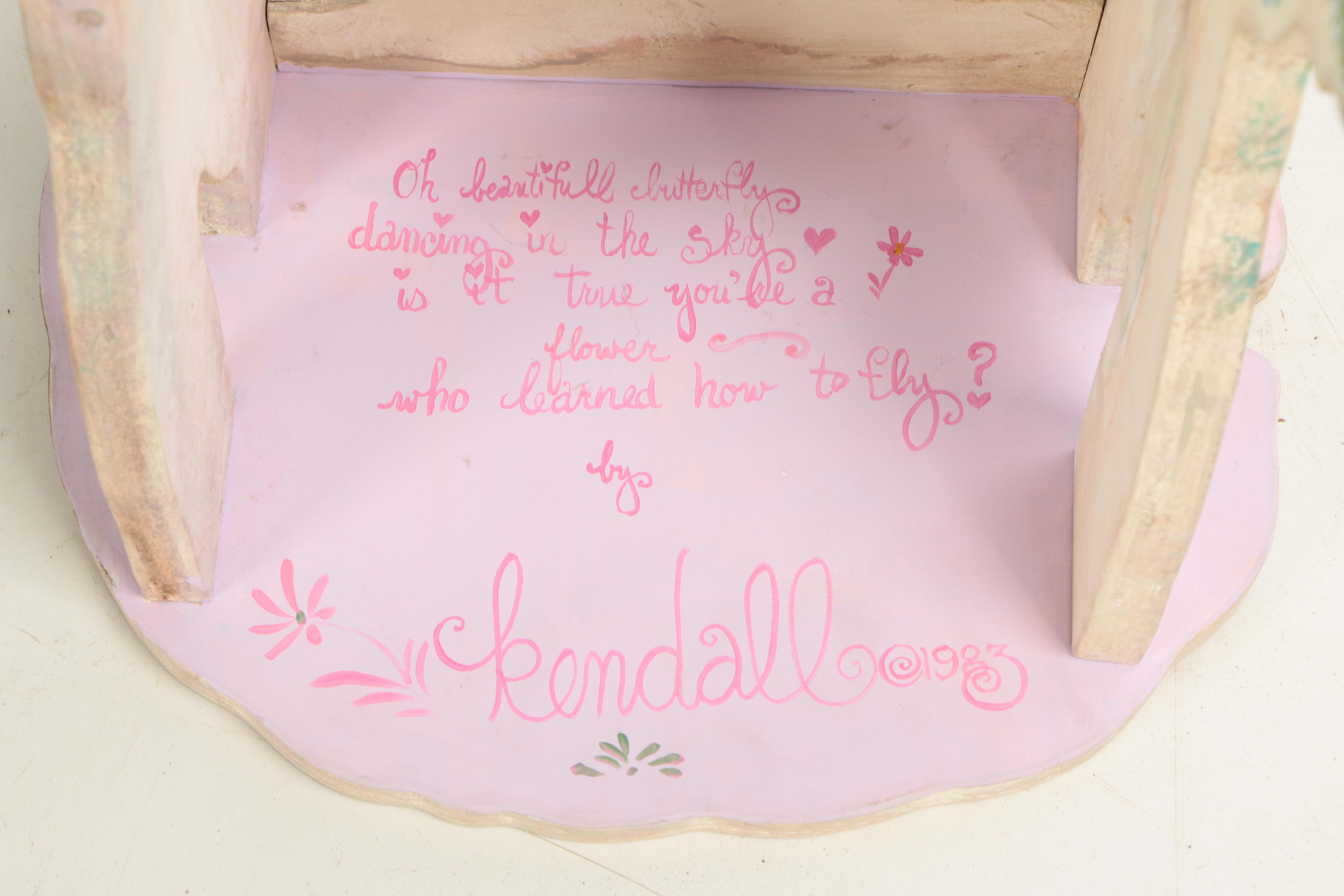 Hand Painted Butterfly and Floral Wooden Taboret, 20th Centry