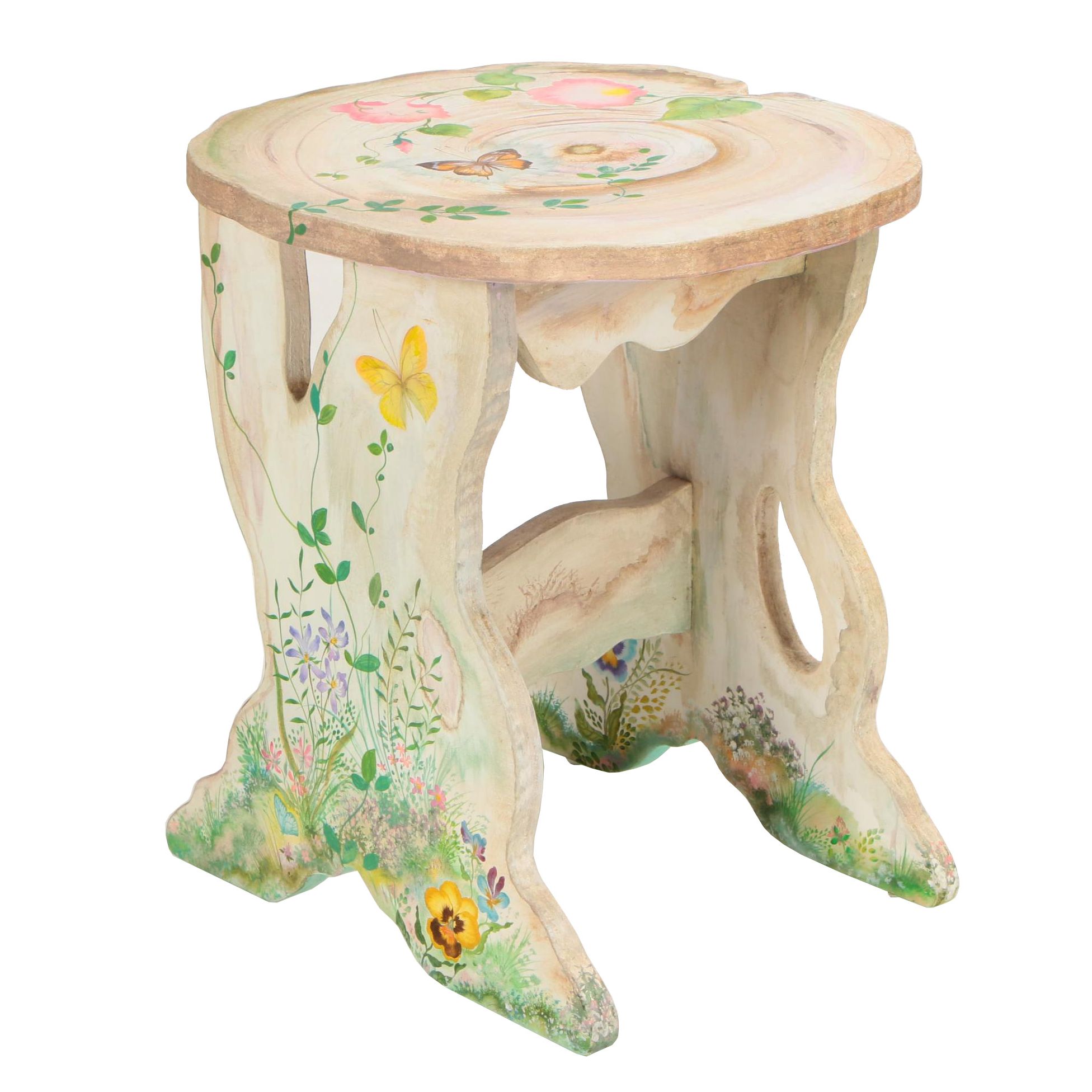 Hand Painted Butterfly and Floral Wooden Taboret, 20th Centry