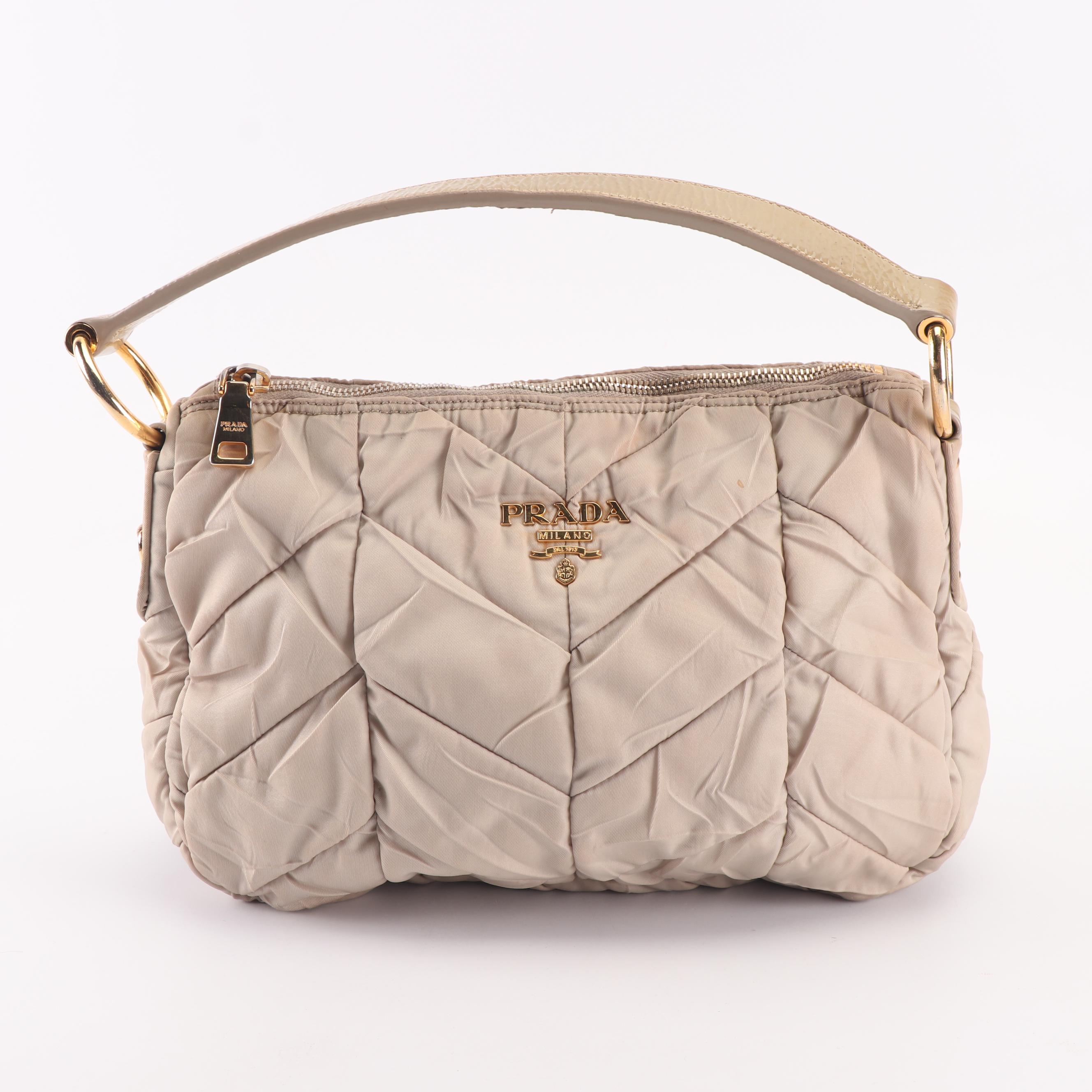 Prada Tessuta Chevron Quilted Tan Nylon Small Hobo Handbag