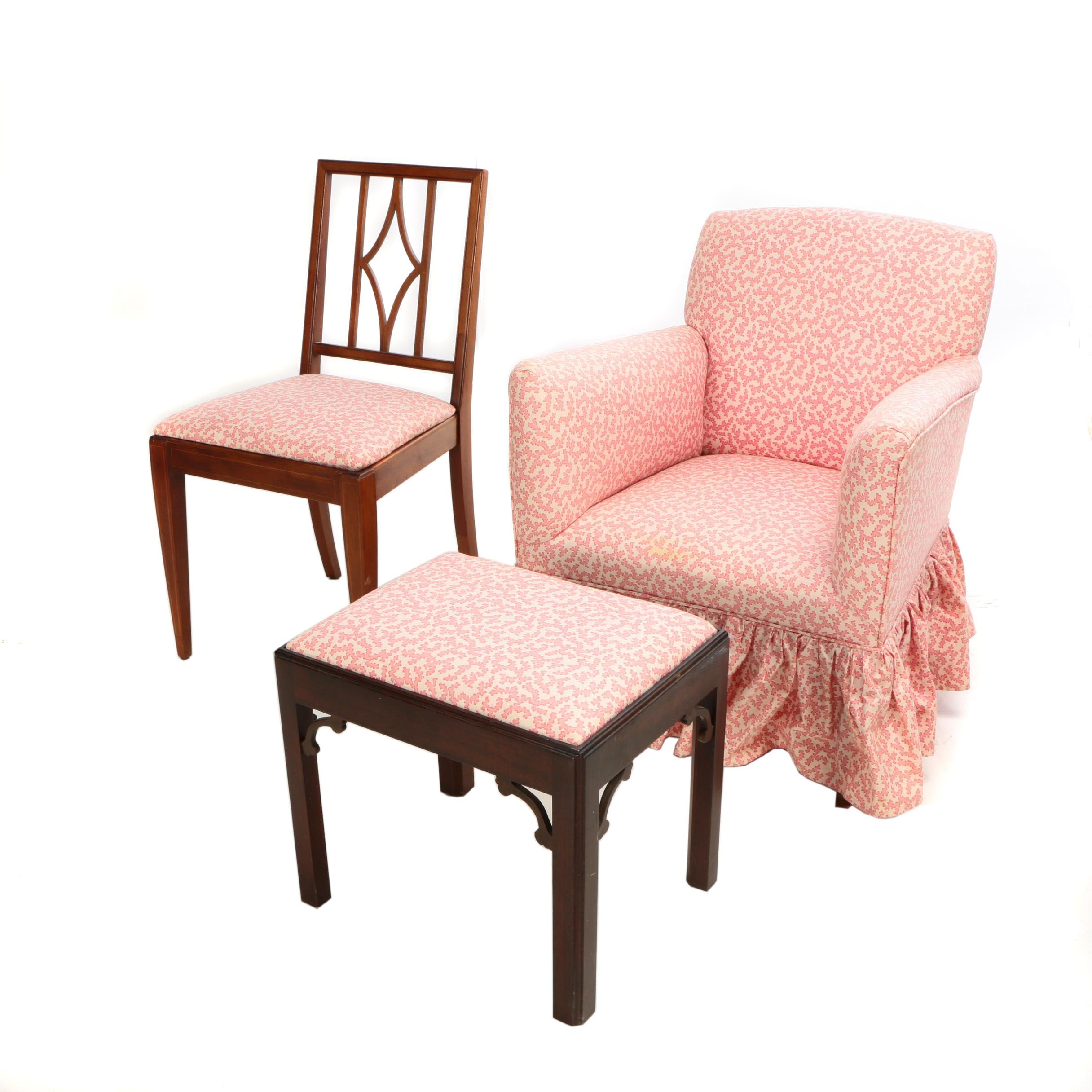 Matching Upholstered Armchair, Footstool, and Chair, 20th Century