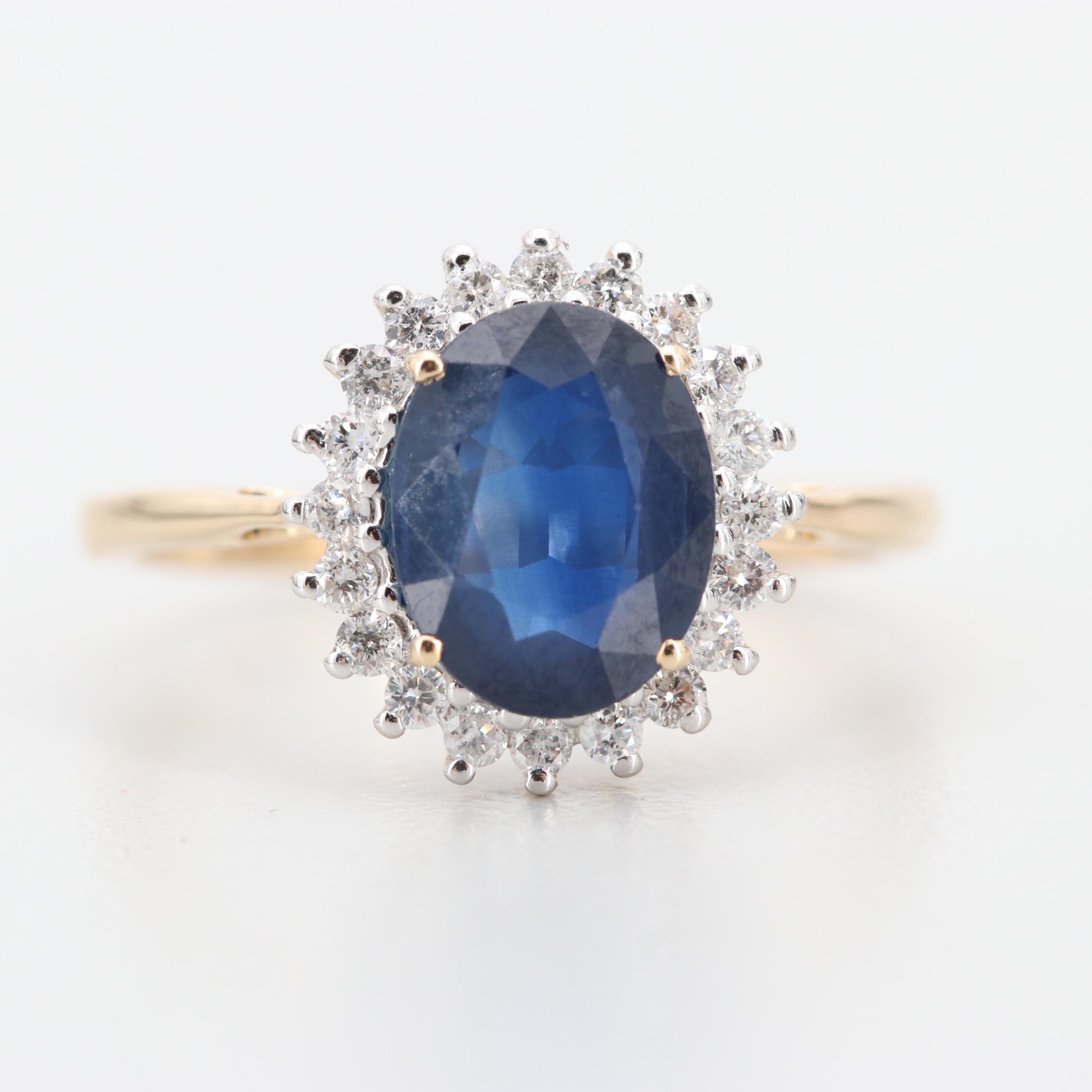 14K Yellow Gold Blue Sapphire and Diamond Ring