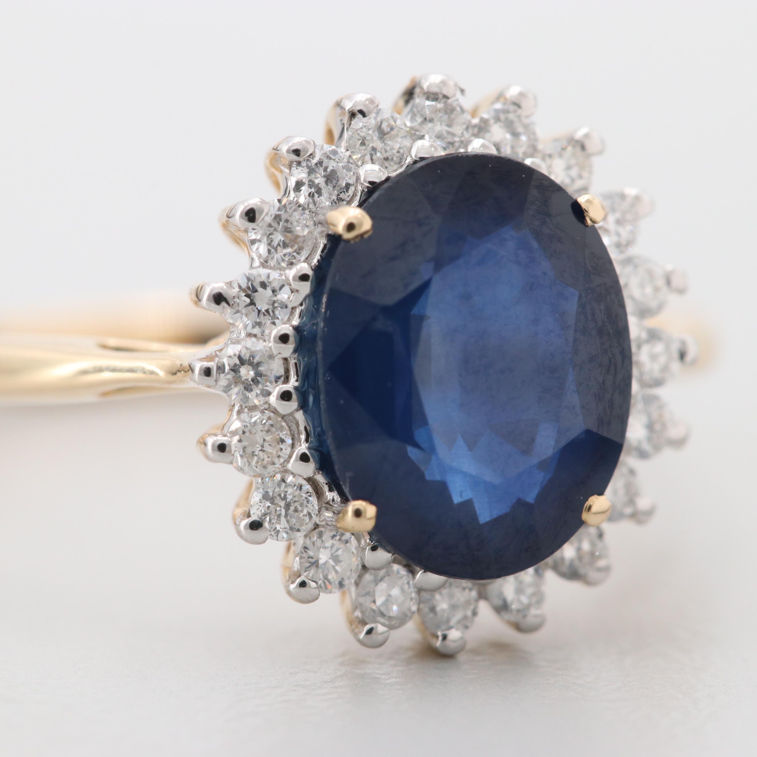 14K Yellow Gold Blue Sapphire and Diamond Ring