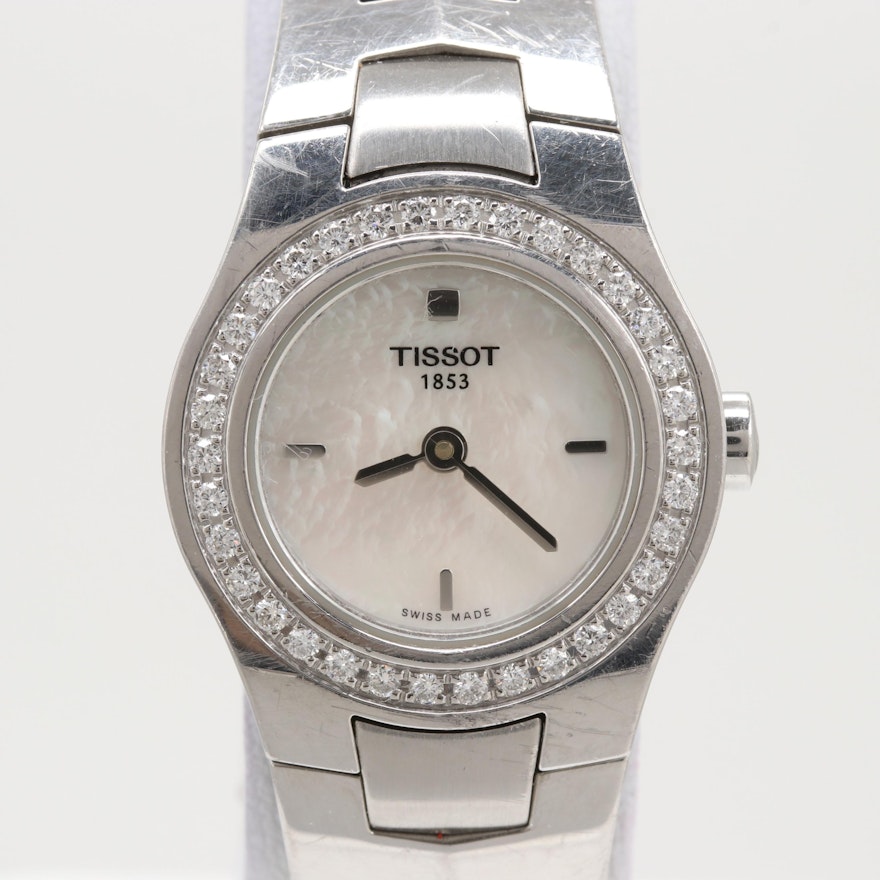 Tissot Stainless Steel Diamond Wristwatch With Mother of Pearl Dial