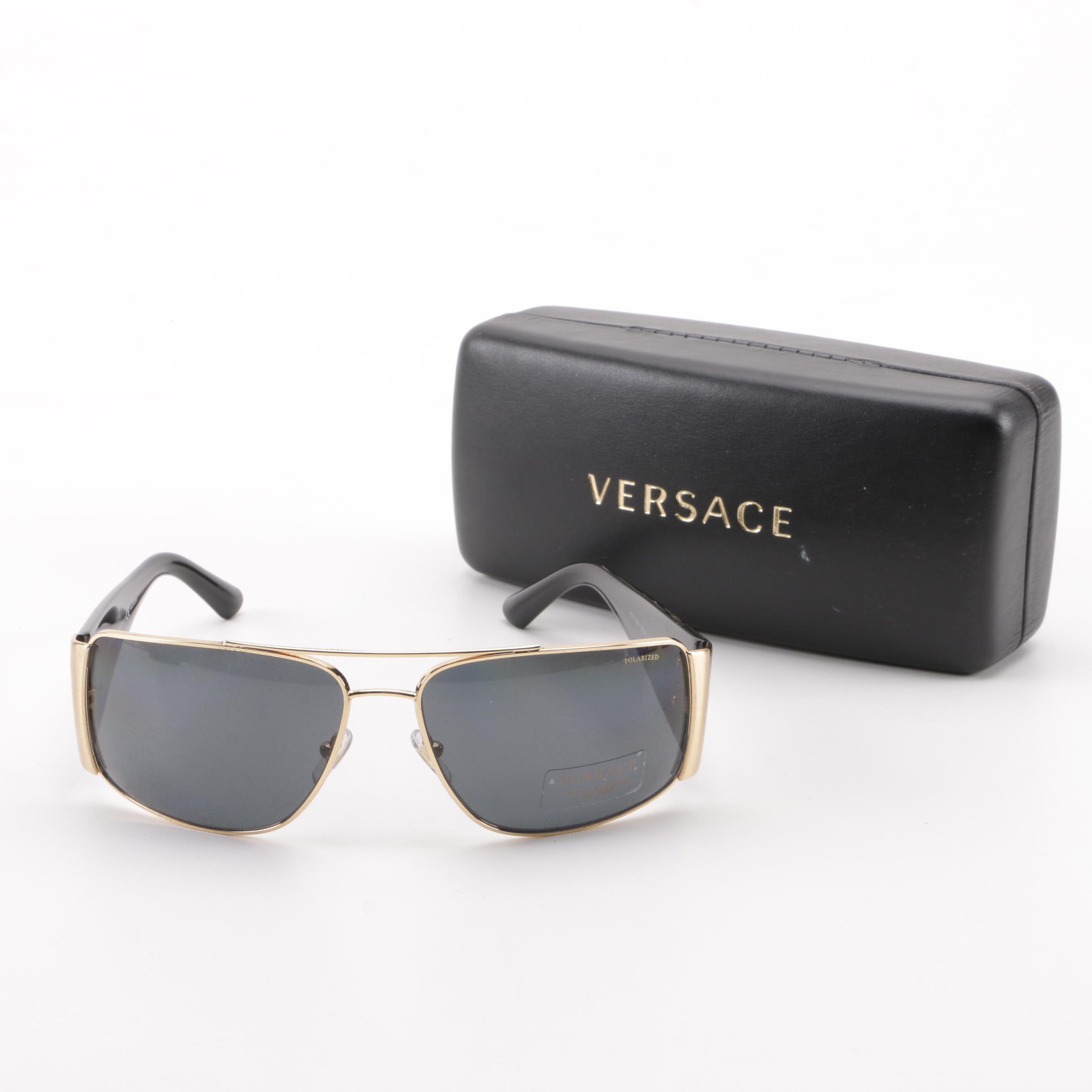 Versace Polarized 2163 Black and Gold Tone Sunglasses, Made in Italy