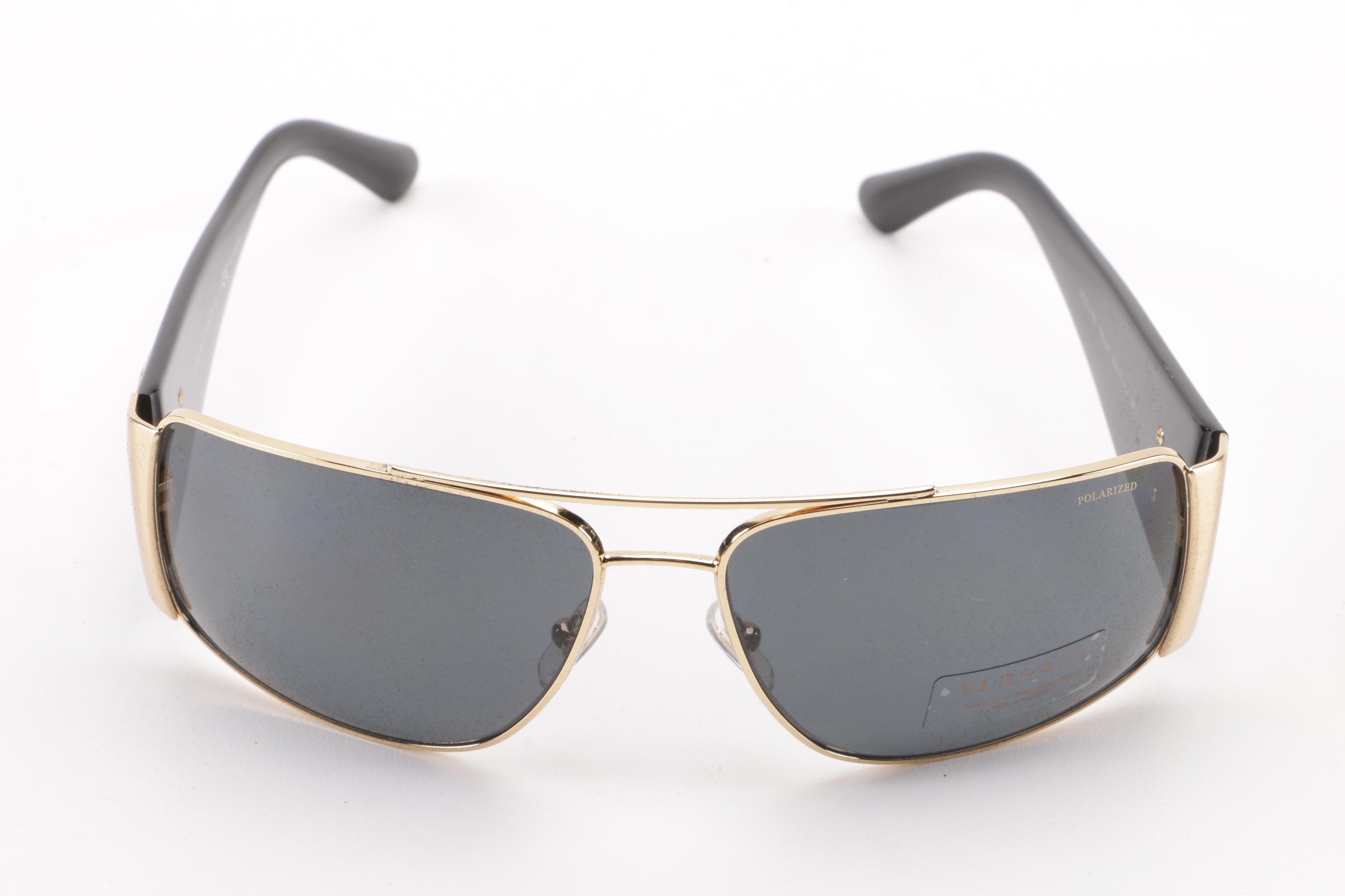 Versace Polarized 2163 Black and Gold Tone Sunglasses, Made in Italy