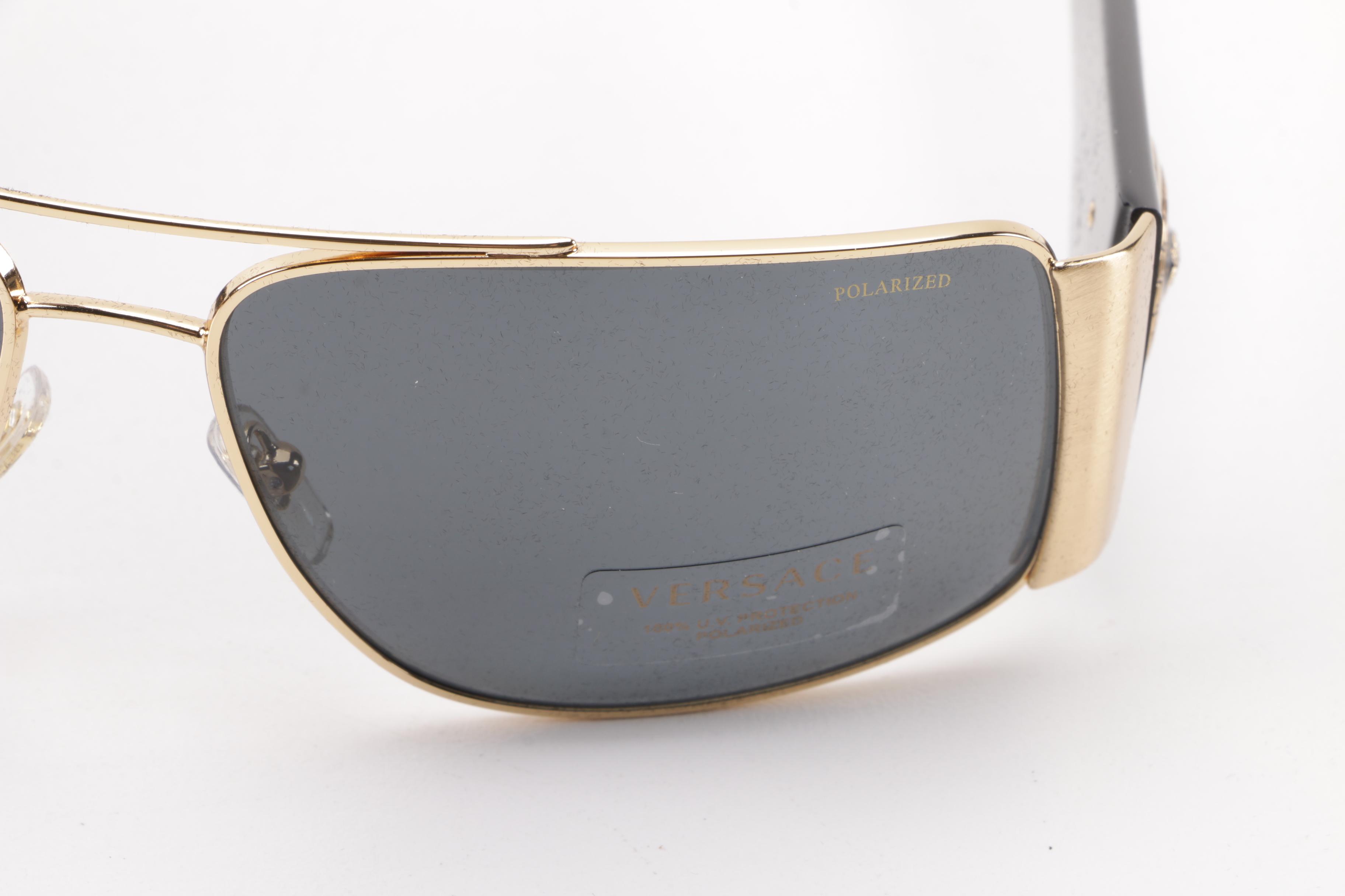 Versace Polarized 2163 Black and Gold Tone Sunglasses, Made in Italy